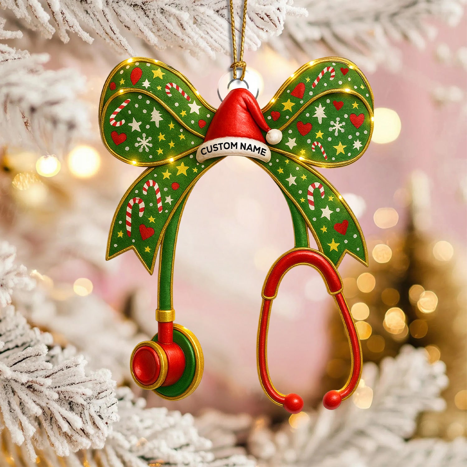 Personalized Nurse Bow Ornament – Funny Christmas Stethoscope Design – Cute Holiday Gift for Healthcare Workers and RN