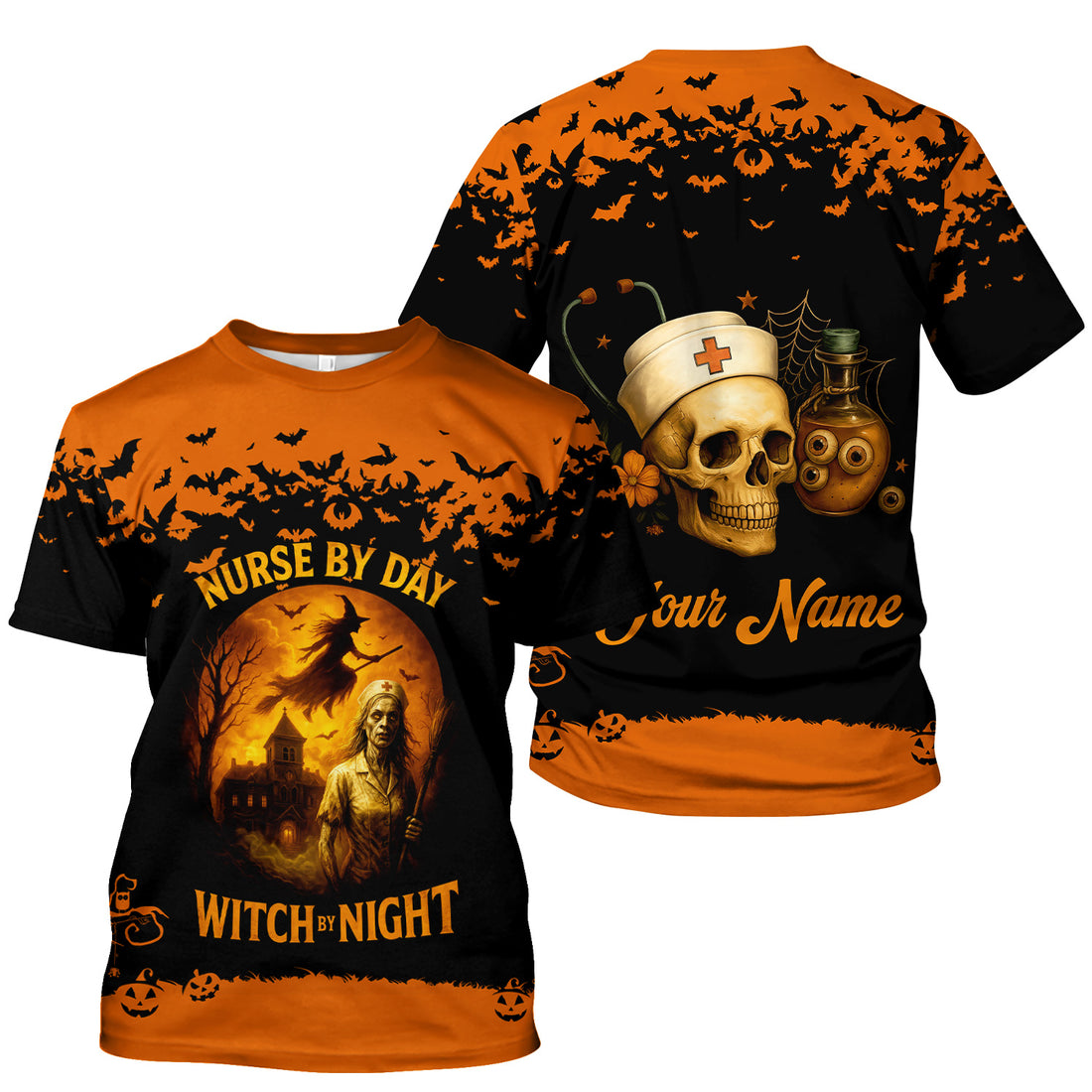 Funny Halloween Nurse Shirt - Nurse By Day Witch By Night Spooky Design - Custom Name Gift For RN LPN CNA Healthcare Workers