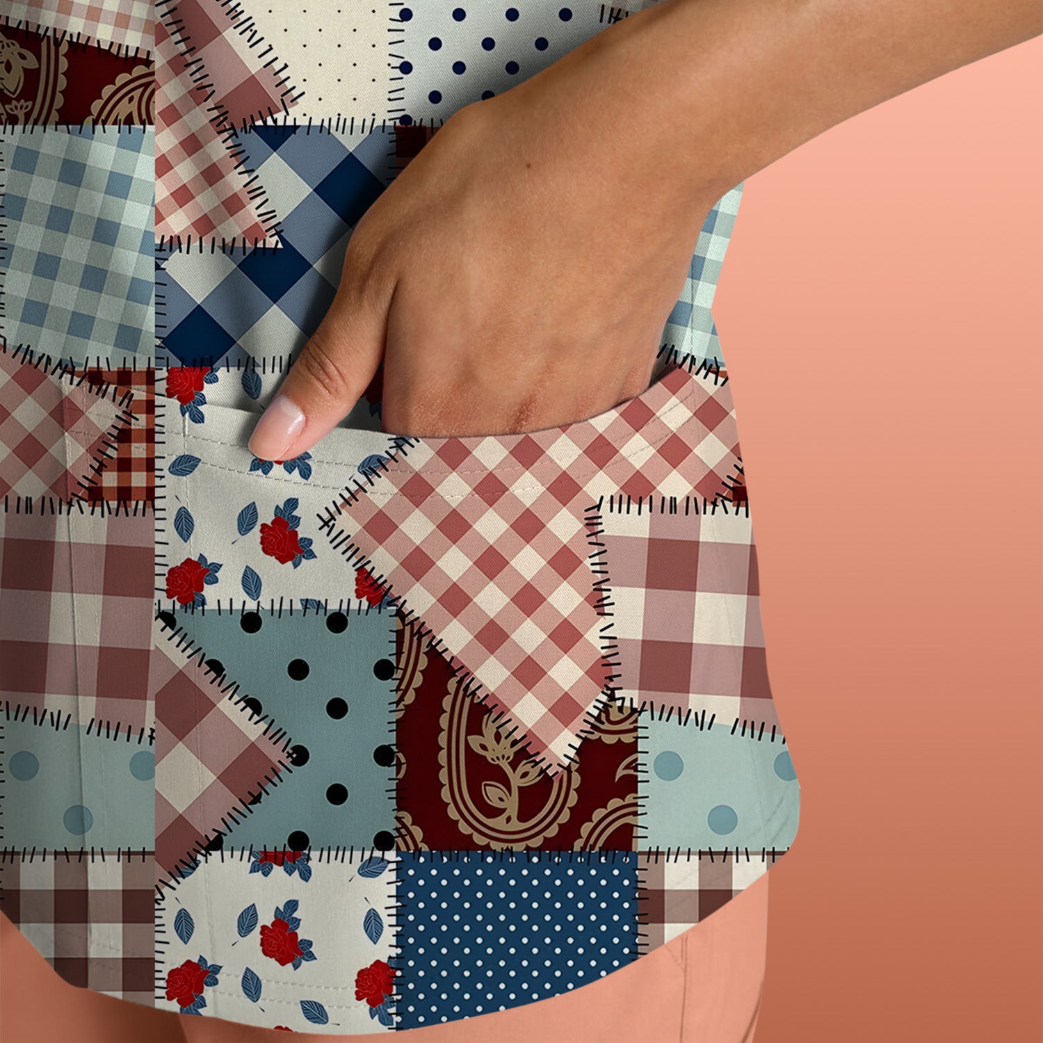 Retro Patchwork Plaid Quilt Pattern Scrub Top, Comfortable Scrubs for Nurses