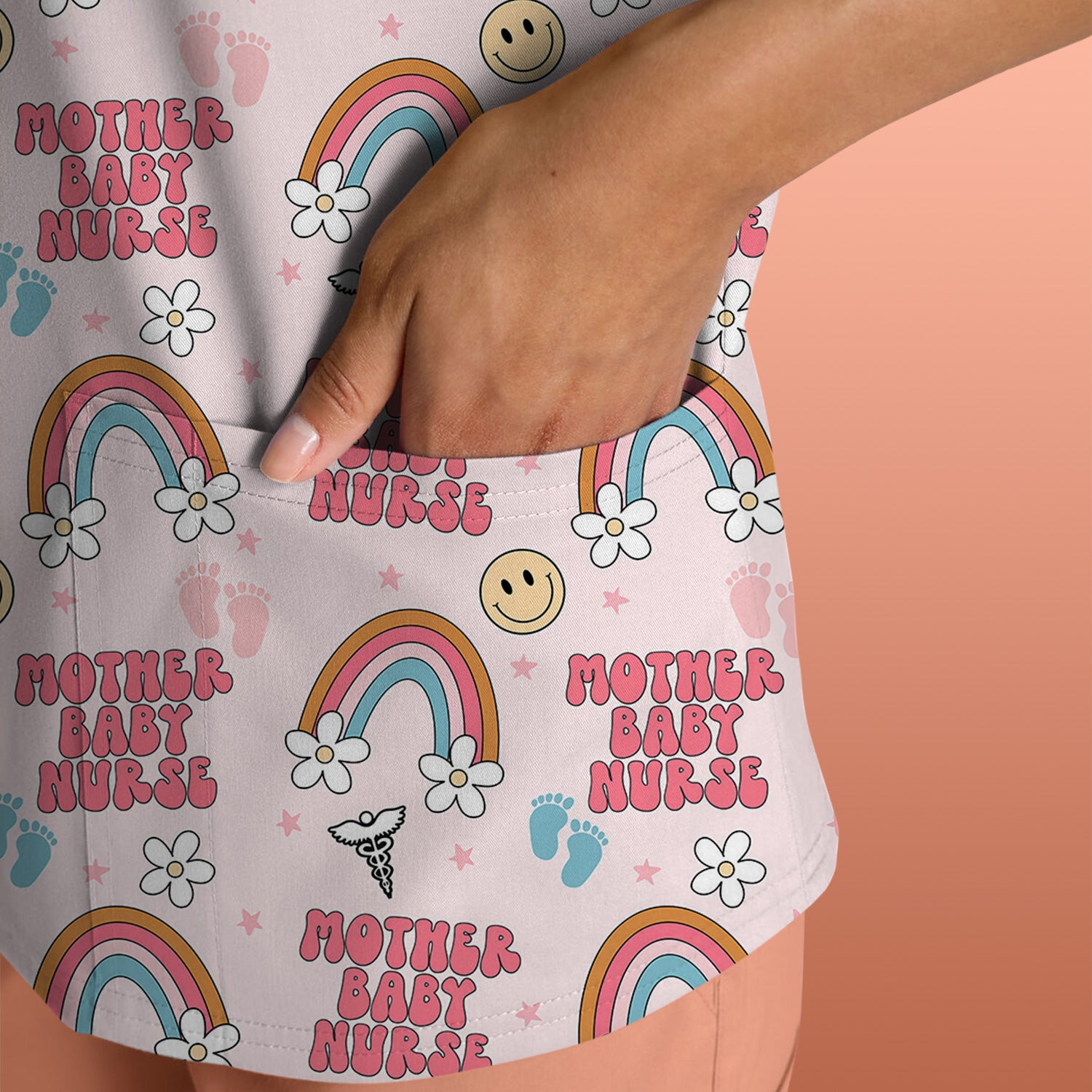 Sweet Mother Baby Nurse Rainbow Pattern Scrub Top, Comfortable Scrubs for Nurses