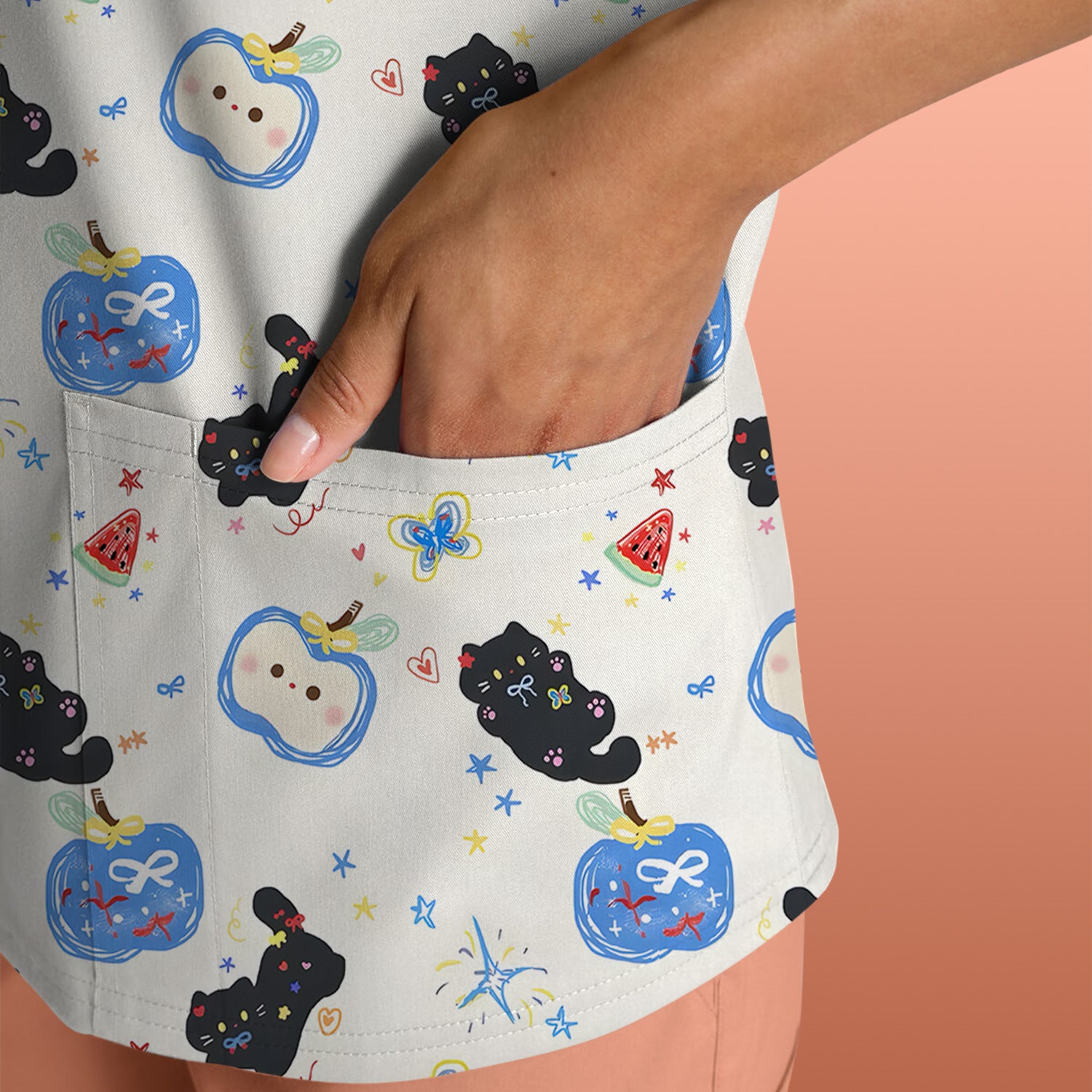 Cute Black Cat and Apple Print V Neck Scrub Top for Nurses
