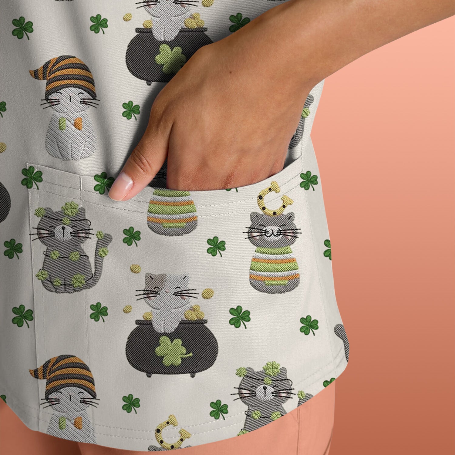 St. Patrick’s Day Scrub Top, Lucky Cat With Shamrock Pattern Shirt, Breathable Fabrics Nursing Uniform