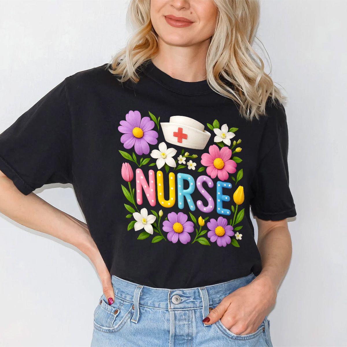 Cute Floral Nurse Shirt for Women – Colorful Spring Design with Hat & Flowers – Appreciation Gift for RN CNA LPN