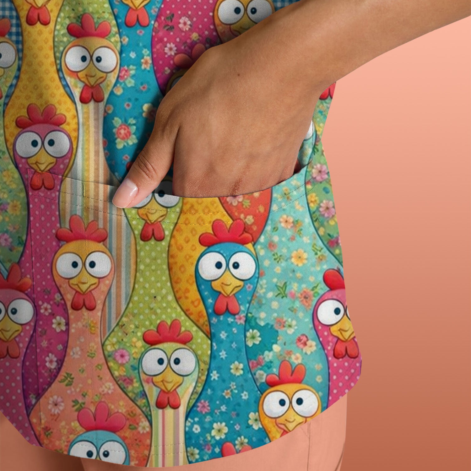 Funny Farm Chicken Cartoon Pattern Scrub Top, Comfortable Scrubs for Nurses