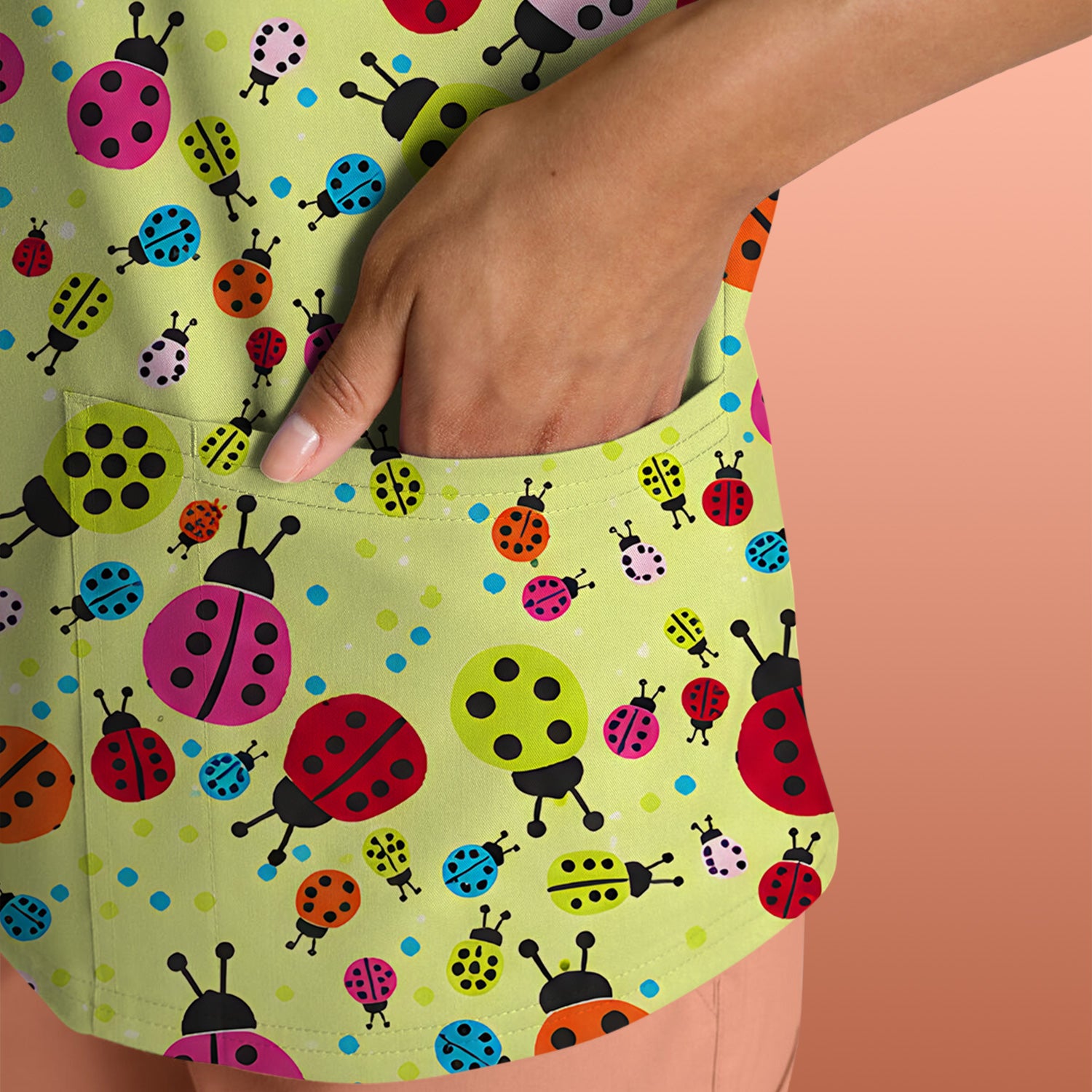 Colorful Ladybug Garden Pattern Scrub Top, Comfortable Scrubs for Nurses