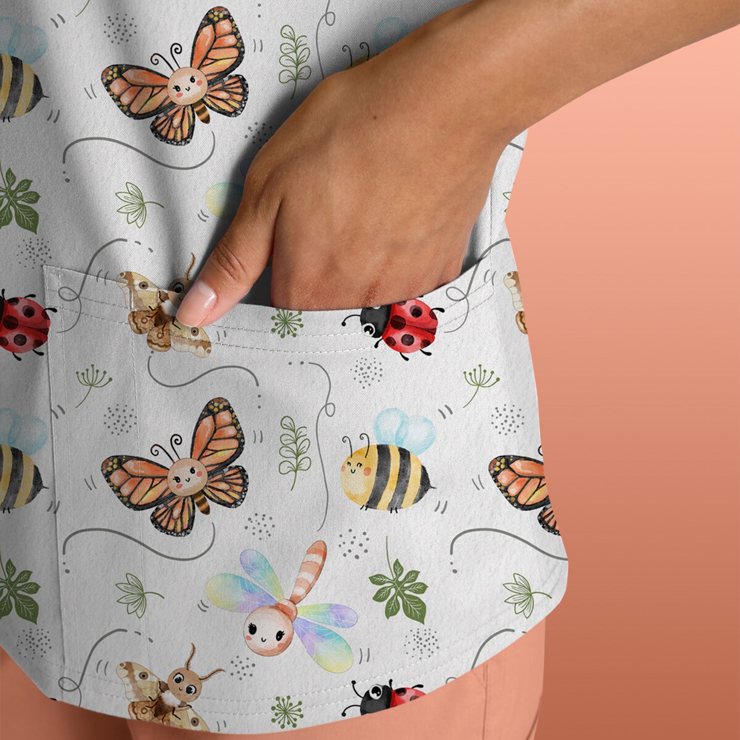 Colorful Garden Insect Pattern Scrub Top, Breathable Fabrics Nursing Uniform