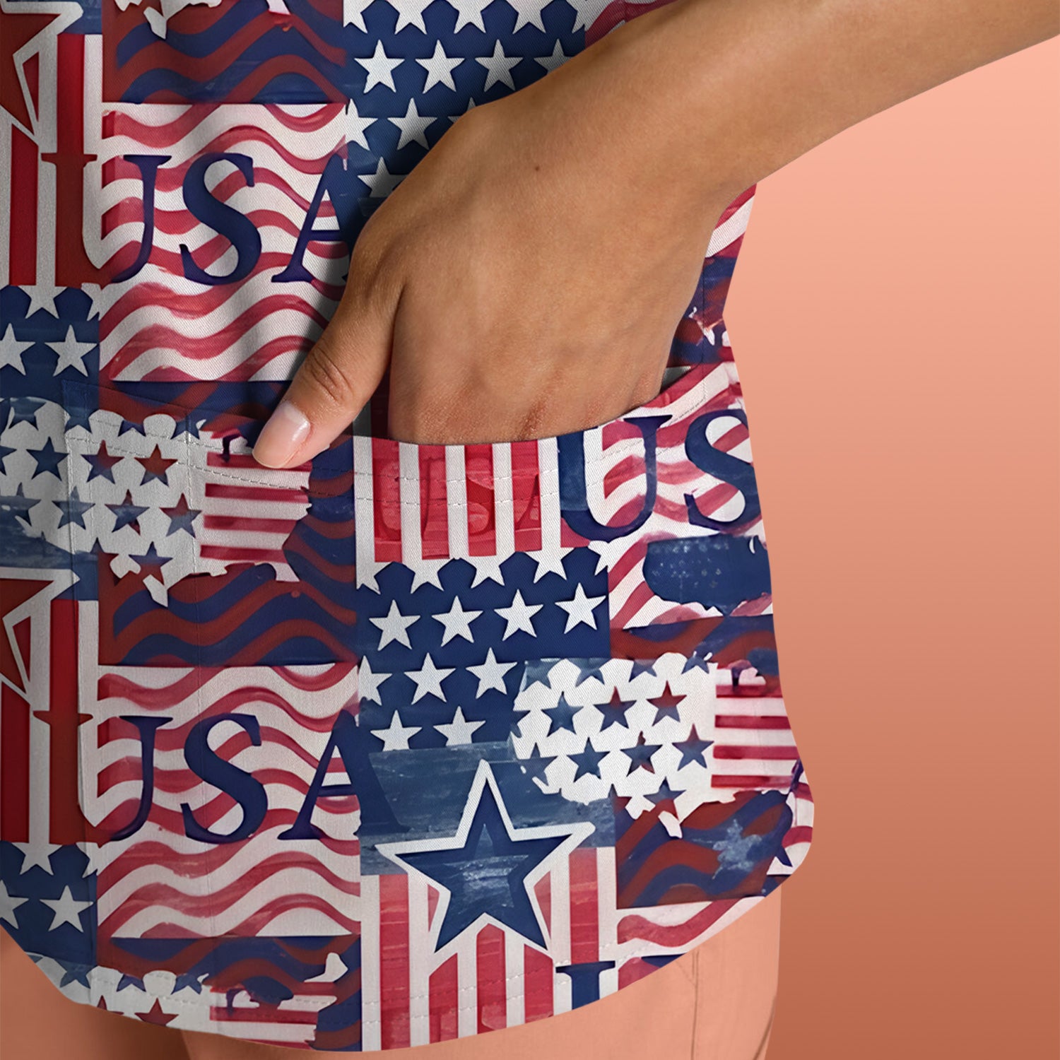 Patriotic USA Star Patchwork Pattern Scrub Top, Comfortable Scrubs for Nurses