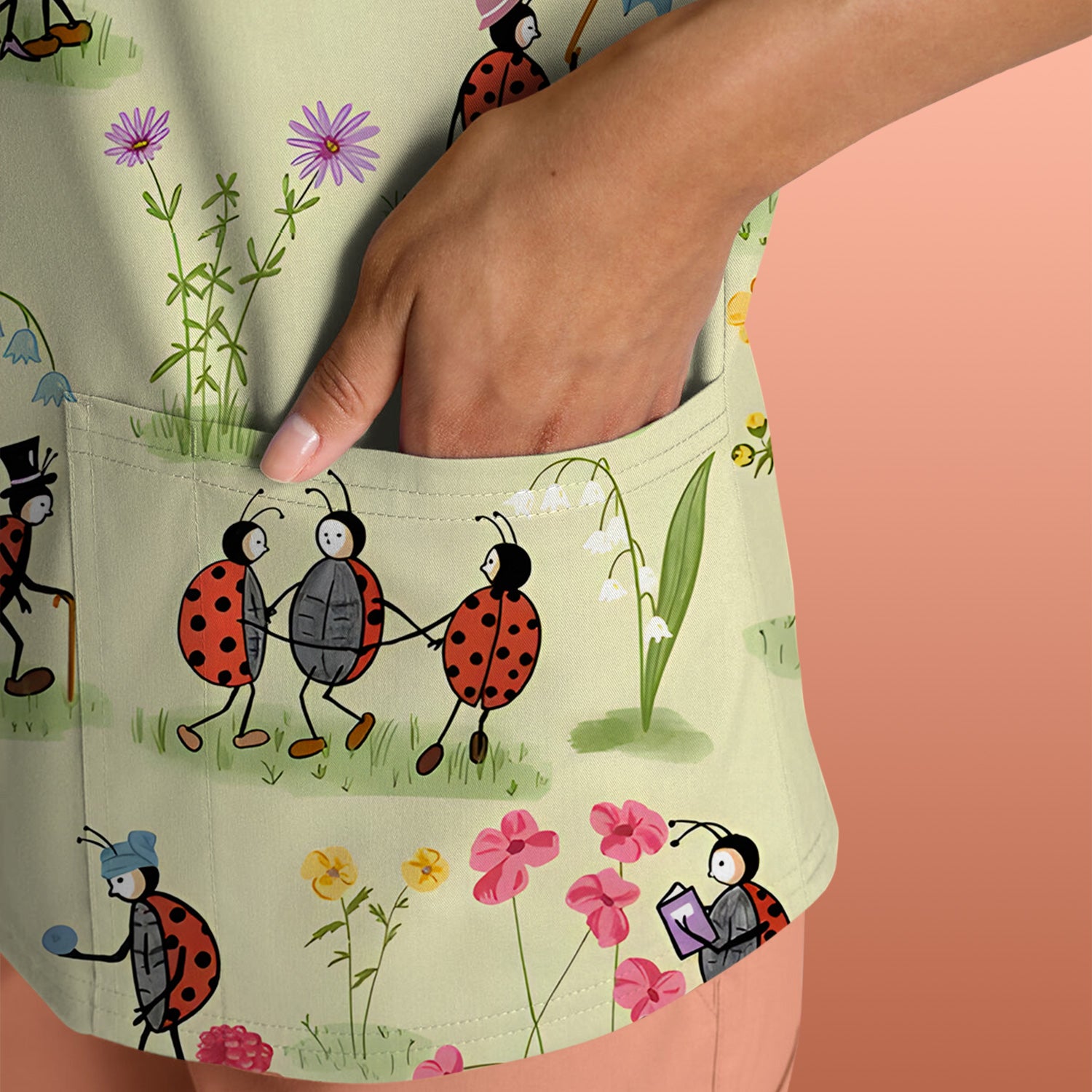 Whimsical Ladybug Garden Activity Pattern Scrub Top, Comfortable Scrubs For Nurses