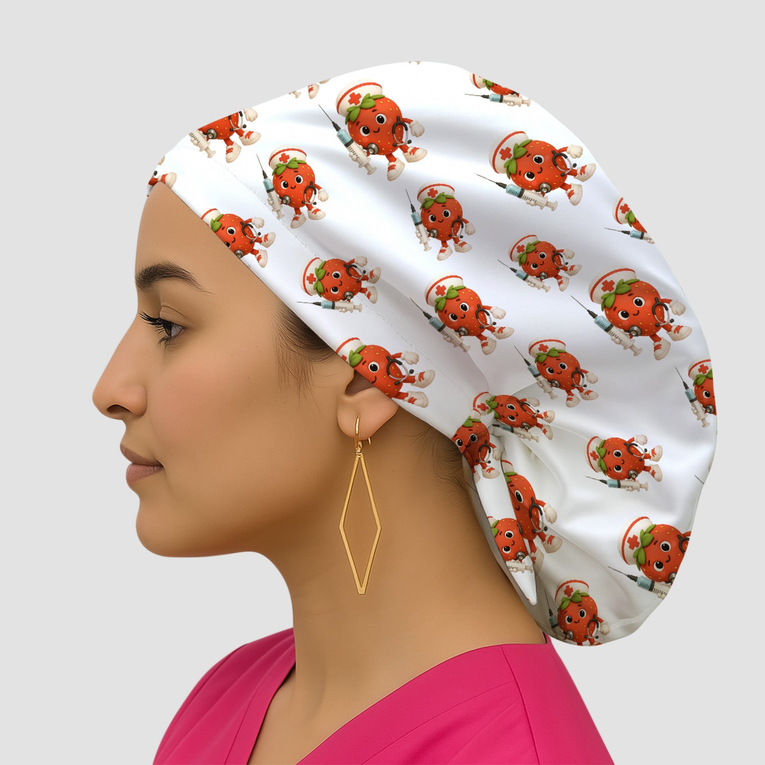 Personalized Cartoon Strawberry Nurse Scrub Cap - Adorable Syringe Medical Print Hat - Fun Nurse Gift for Women & Healthcare Workers