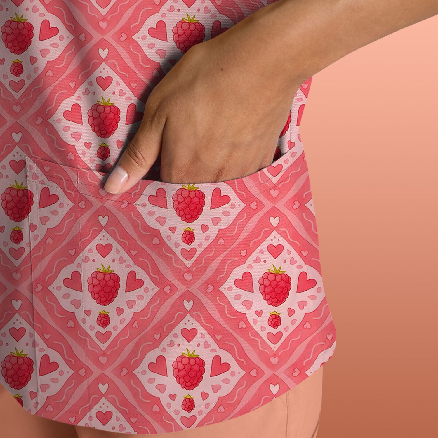 Cute Raspberry Heart Diamond Pattern Scrub Top, Comfortable Scrubs for Nurses