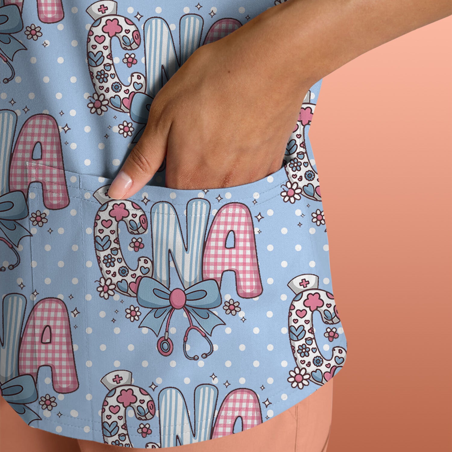 Cute CNA Floral Bow Pattern Scrub Top, Breathable Fabrics Nursing Uniform