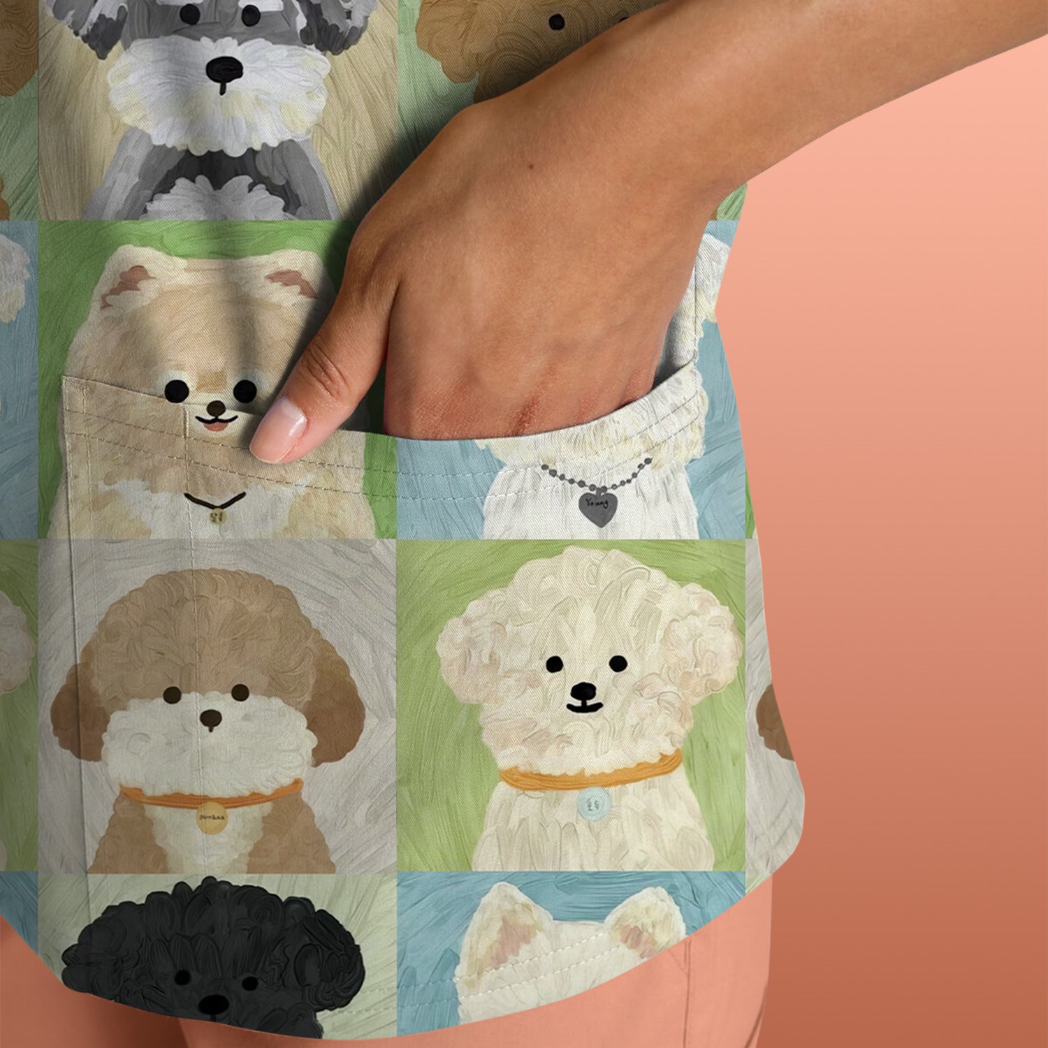 Adorable Different Dog Breeds Pattern Scrubs Top, Breathable Fabrics Nursing Uniform