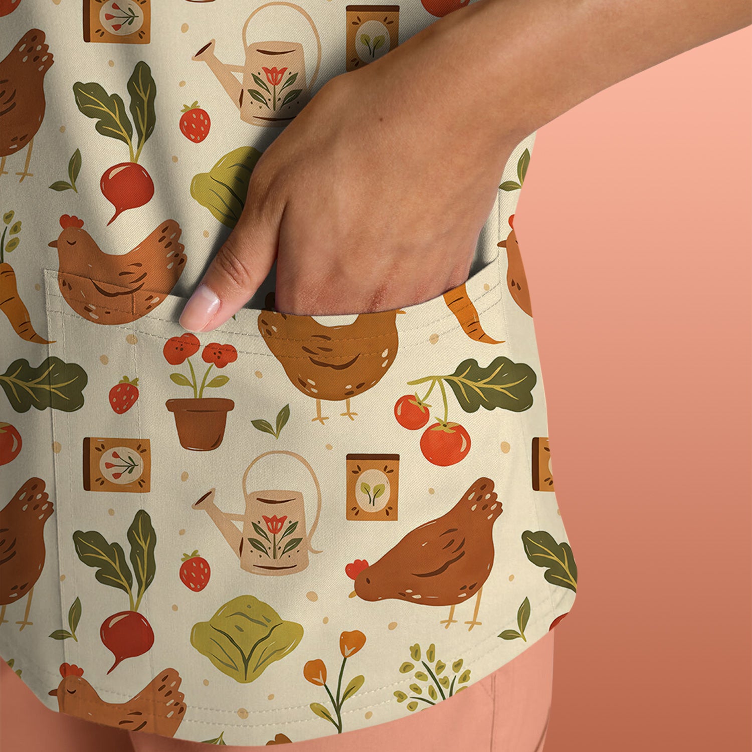 Rustic Farm Chicken Garden Vegetable Pattern Scrub Top, Comfortable Scrubs for Nurses