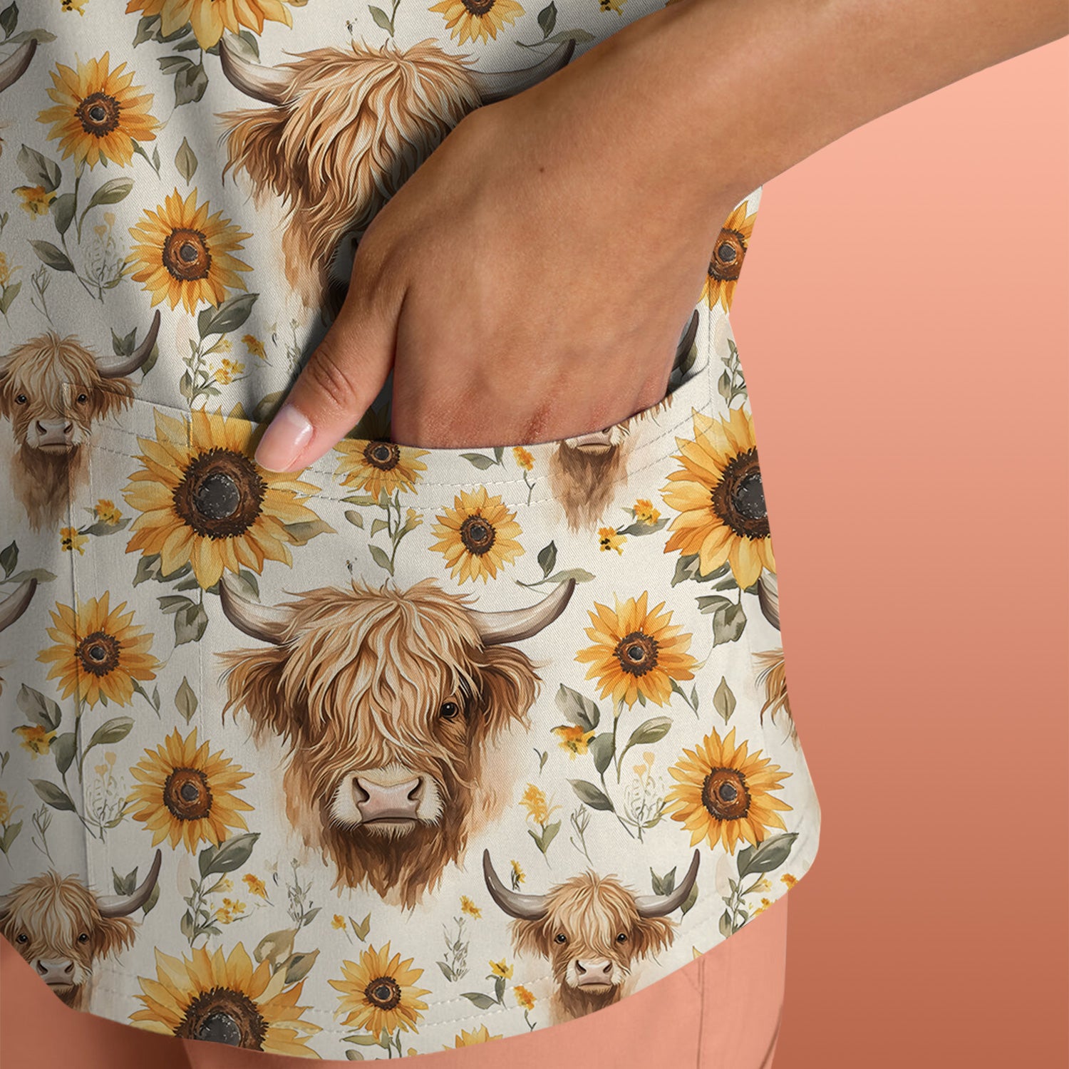 Highland Cow Sunflower Scrub Top, Rustic Farmhouse Nursing Uniform