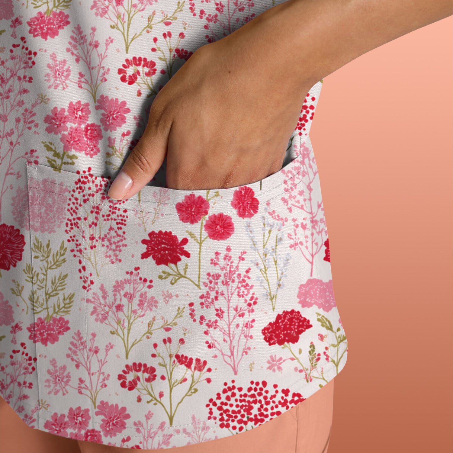Pink Floral Pattern Allover Print Scrub Top, Breathable Fabrics Nursing Uniform