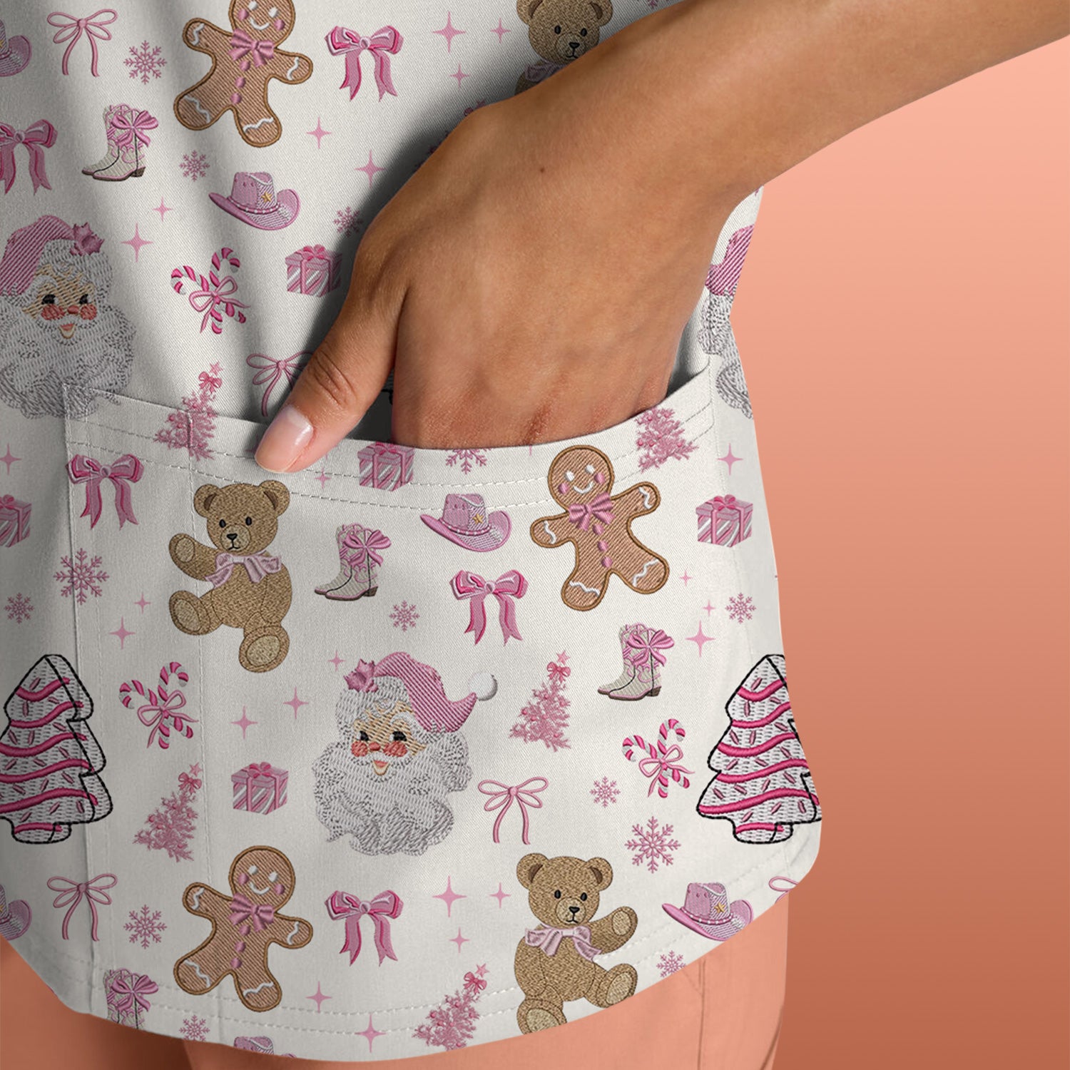 Pink Christmas Santa Gingerbread Scrub Top, Cute Holiday Medical Pattern Shirt, Breathable Fabrics Nursing Uniform