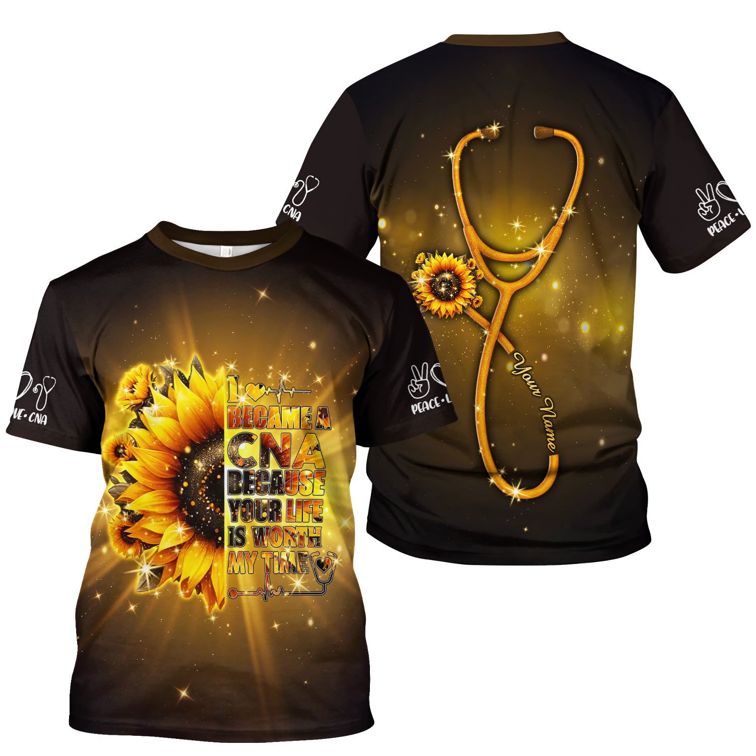 Personalized CNA Sunflower Scrub Top - Your Life Is Worth My Time Design - Gift for RN LPN Healthcare Workers