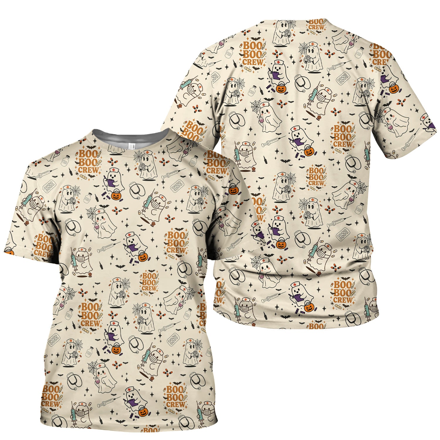 Funny Halloween Scrub Shirt for Nurses - BOO BOO CREW Ghost Design - Cute Fall Medical Top for RN CNA LPN Women