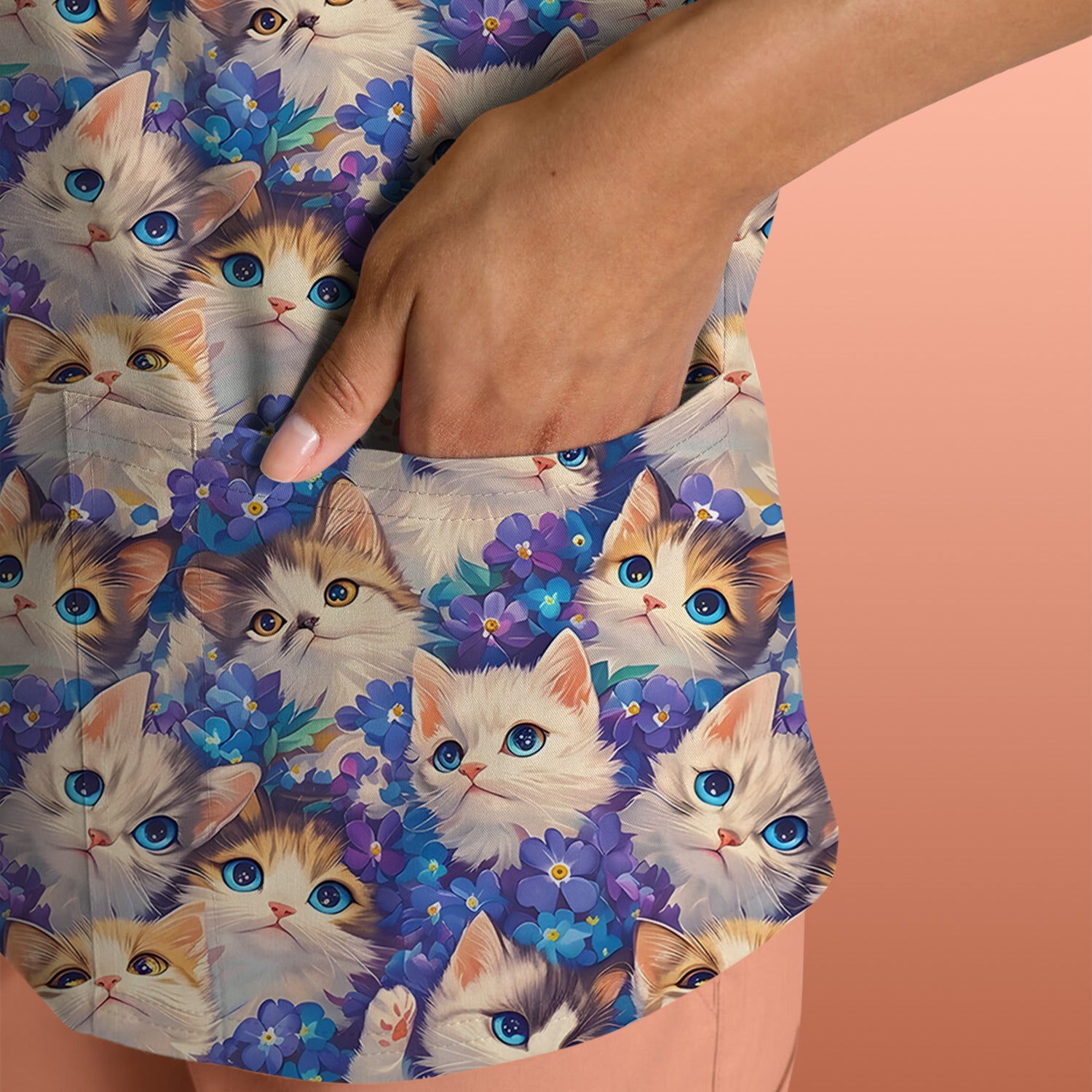 Cute Blue Eyed Kitten Pattern Scrub Top, Comfortable Scrubs for Nurses