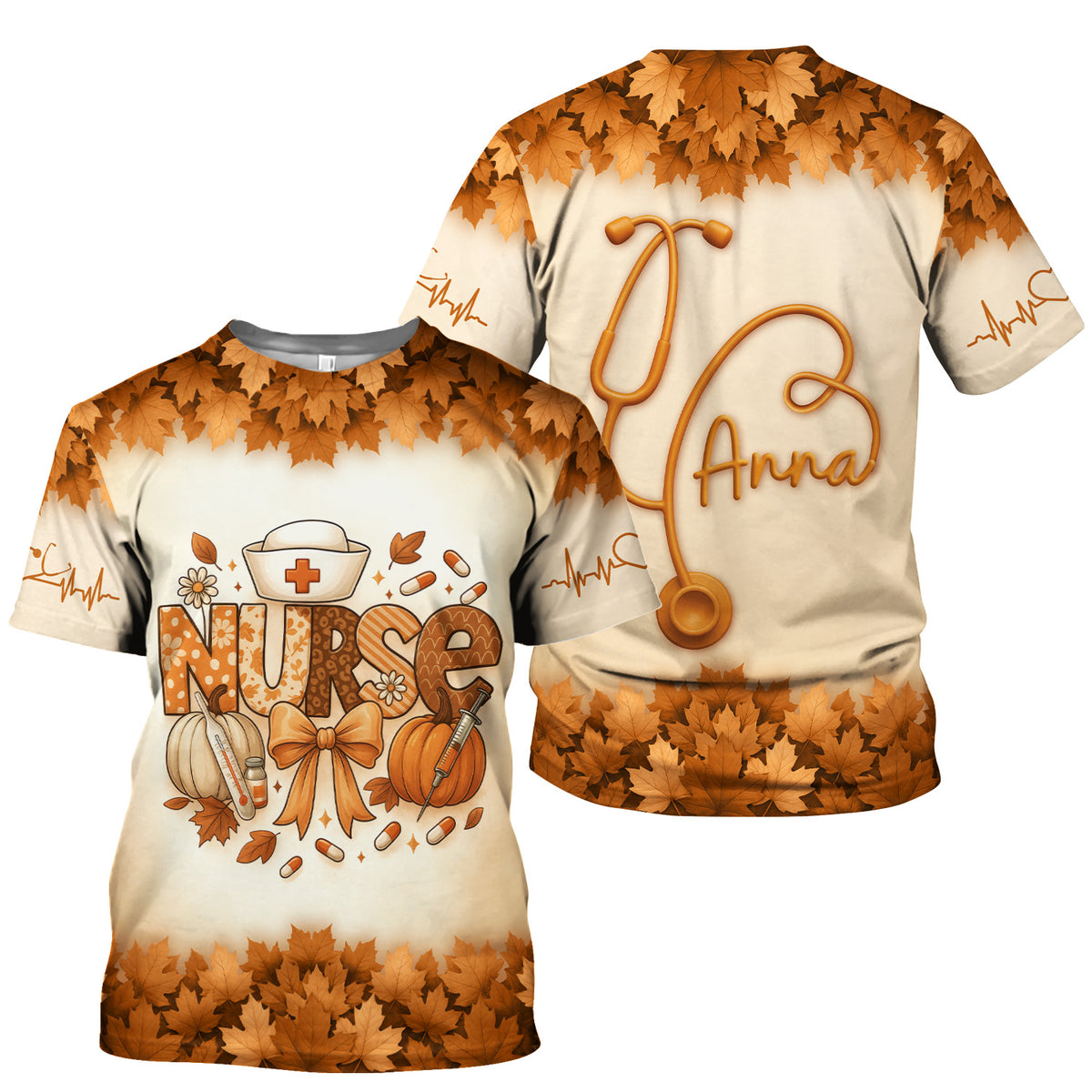 Fall Leaves Nurse Scrub Top with Pumpkins - Personalized Autumn Shirt with Custom Name - Cute Thanksgiving Gift for RN CNA LPN