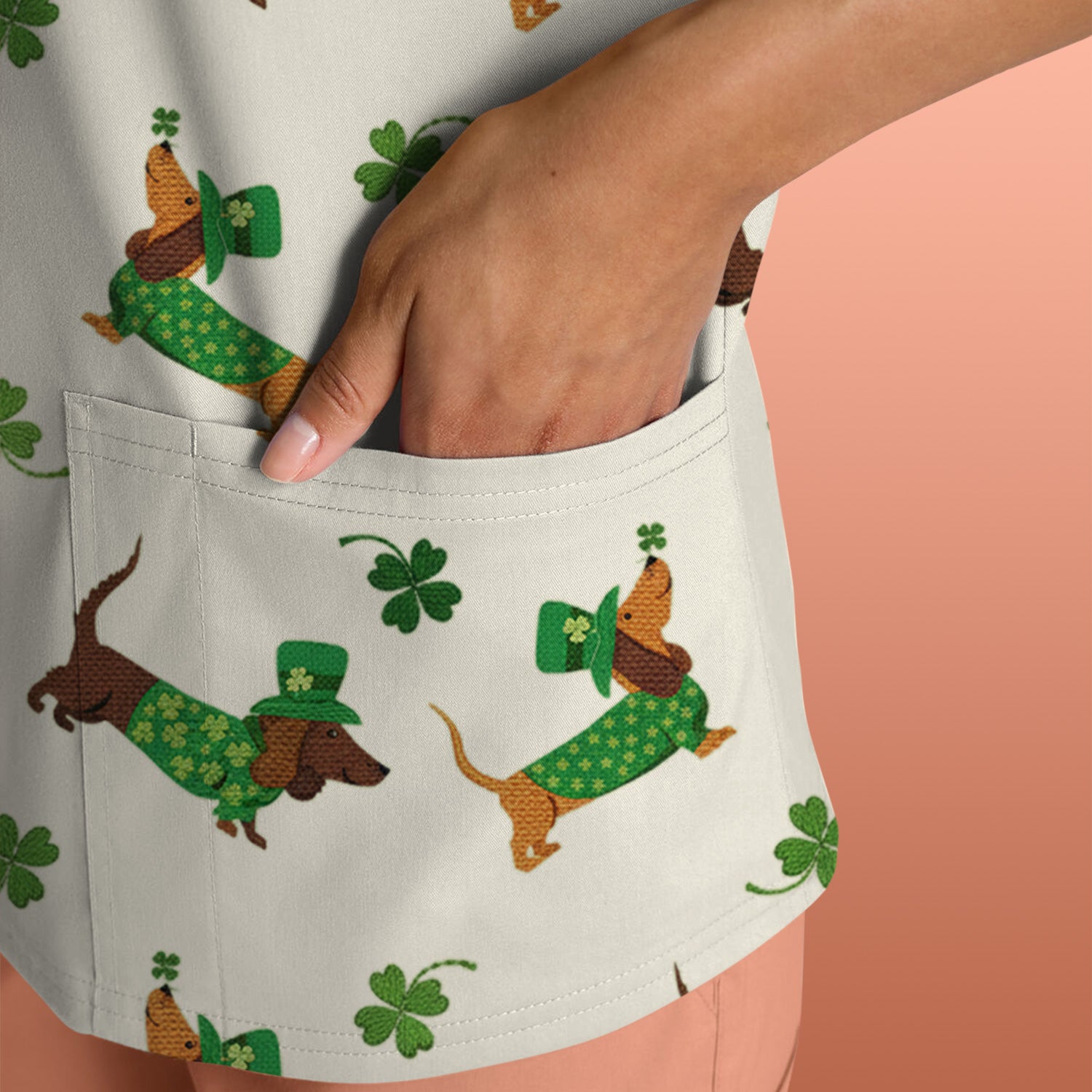 St. Patrick’s Day Dachshund Scrub Top, Funny Wiener Dog Nurse Shirt, Breathable Fabrics Nursing Uniform