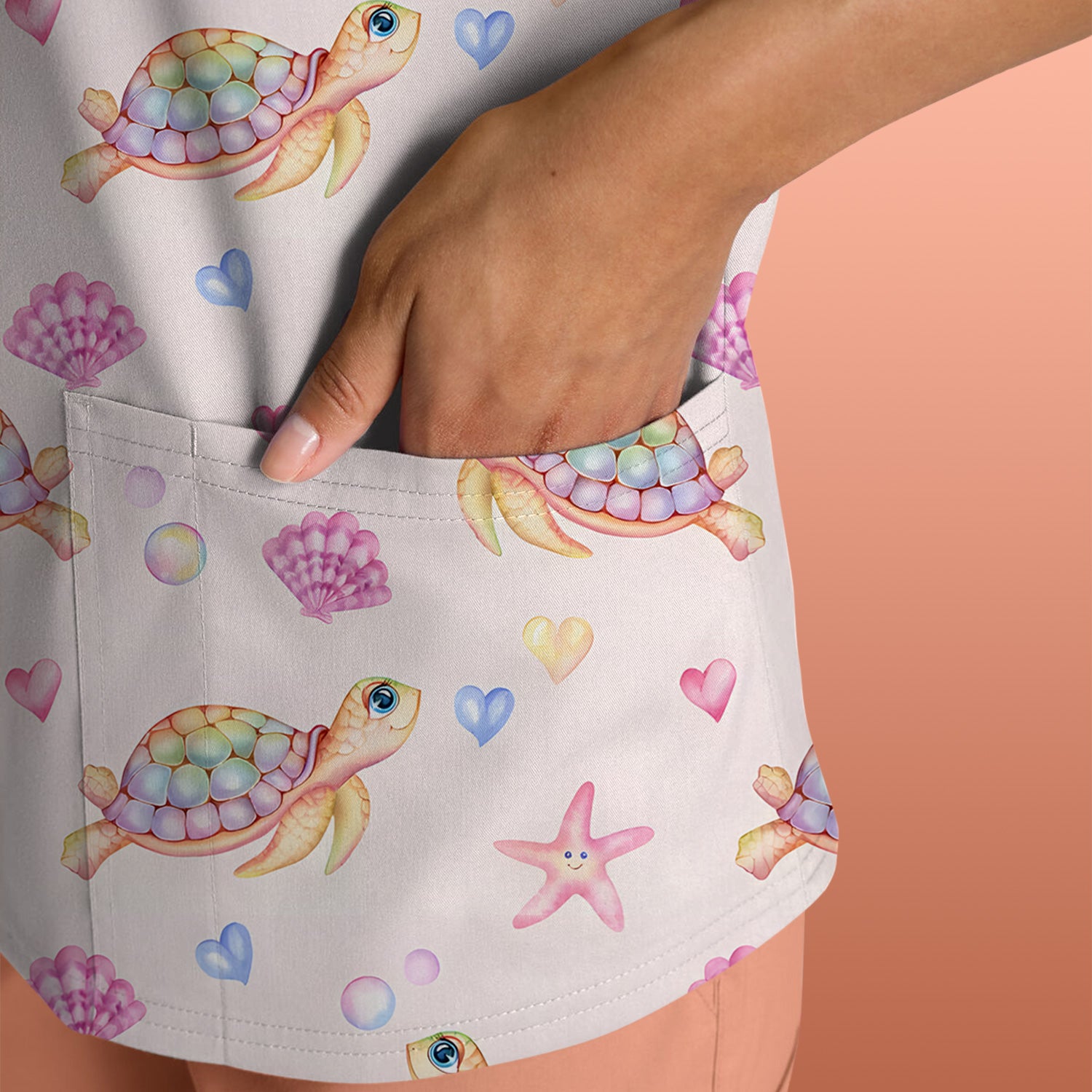Sea Turtle Ocean Print Scrub Top, Comfortable Scrubs for Nurses