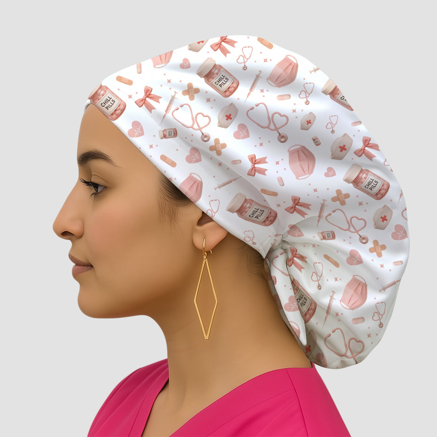 Personalized Cute Nurse Scrub Cap - Chill Pill & Medical Icons Pattern - Fun Gift for Women, RN, LPN, CNA