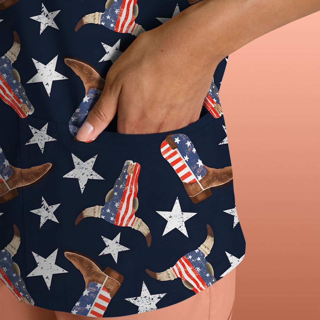Western Boots Stars Pattern Scrub Top, Comfortable Scrubs for Nurses