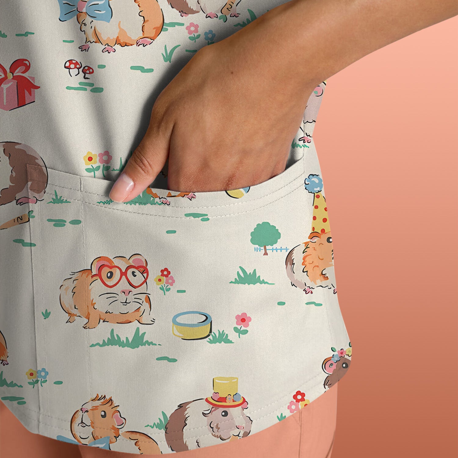 Cute Guinea Pig Party Nurse Pattern Scrub Top, Comfortable Scrubs for Nurses