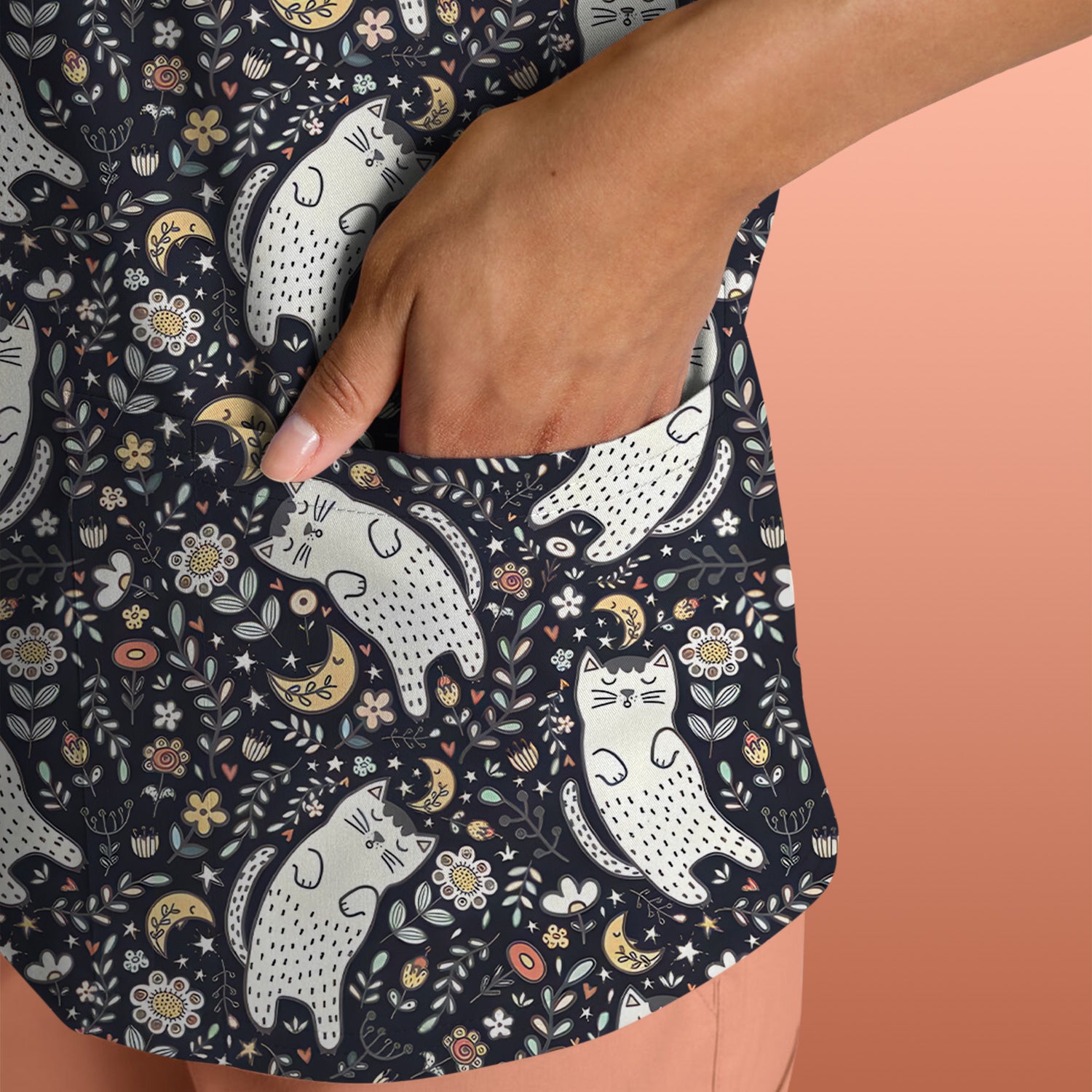 Moonlit Floral Cat Seamless Pattern Scrub Top, Comfortable Scrubs for Nurses