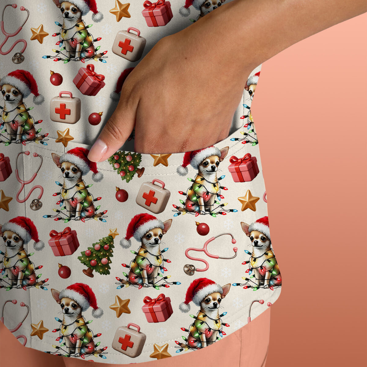 Funny Chihuahua Nurse Scrub Top, Christmas Dog Pattern Medical Shirt, Holiday Scrubs for RN, LPN, CNA, Vet Tech Gift