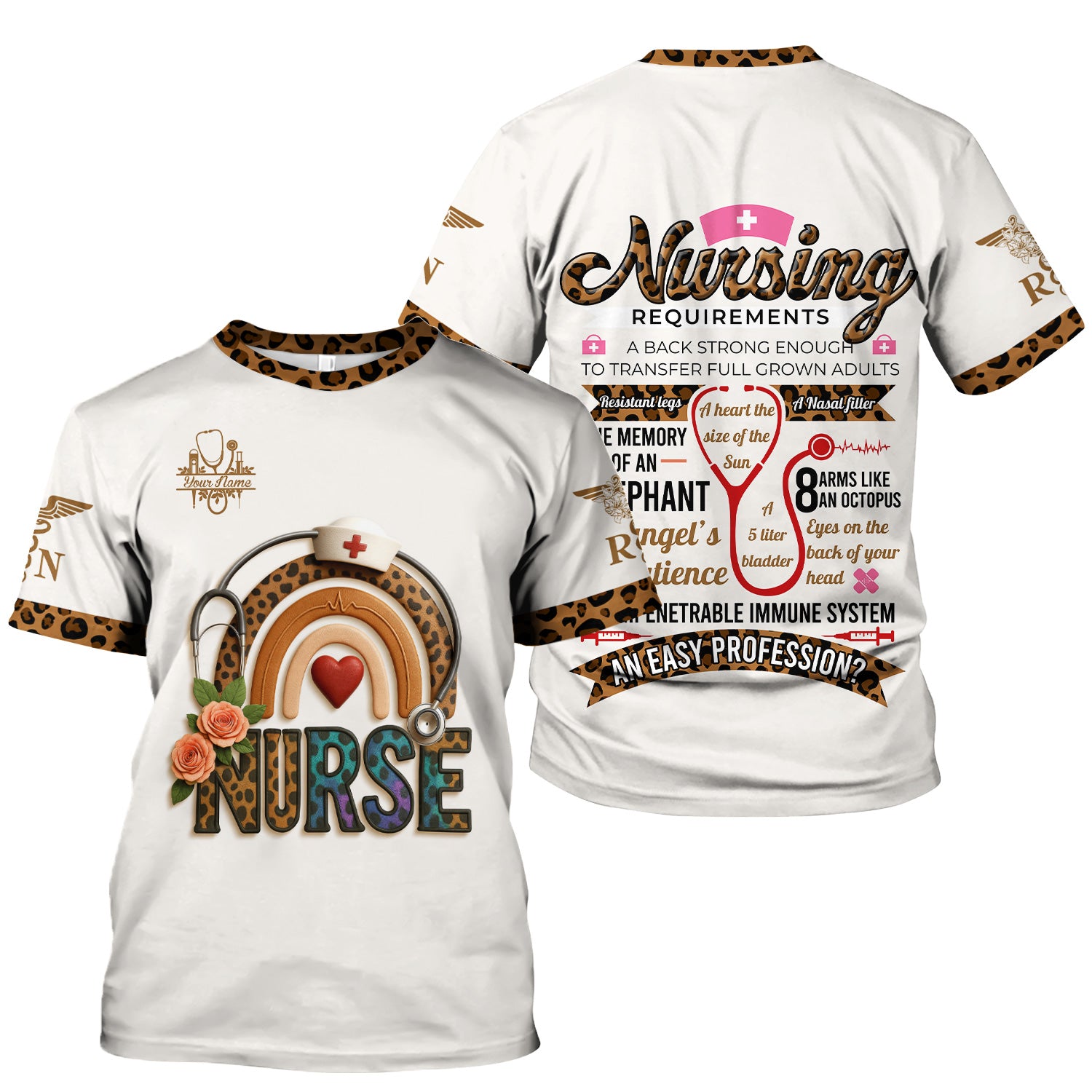 Funny Nurse Scrubs for Women - Leopard RN CNA LPN Uniform Top - Nursing Requirements Design with Custom Name