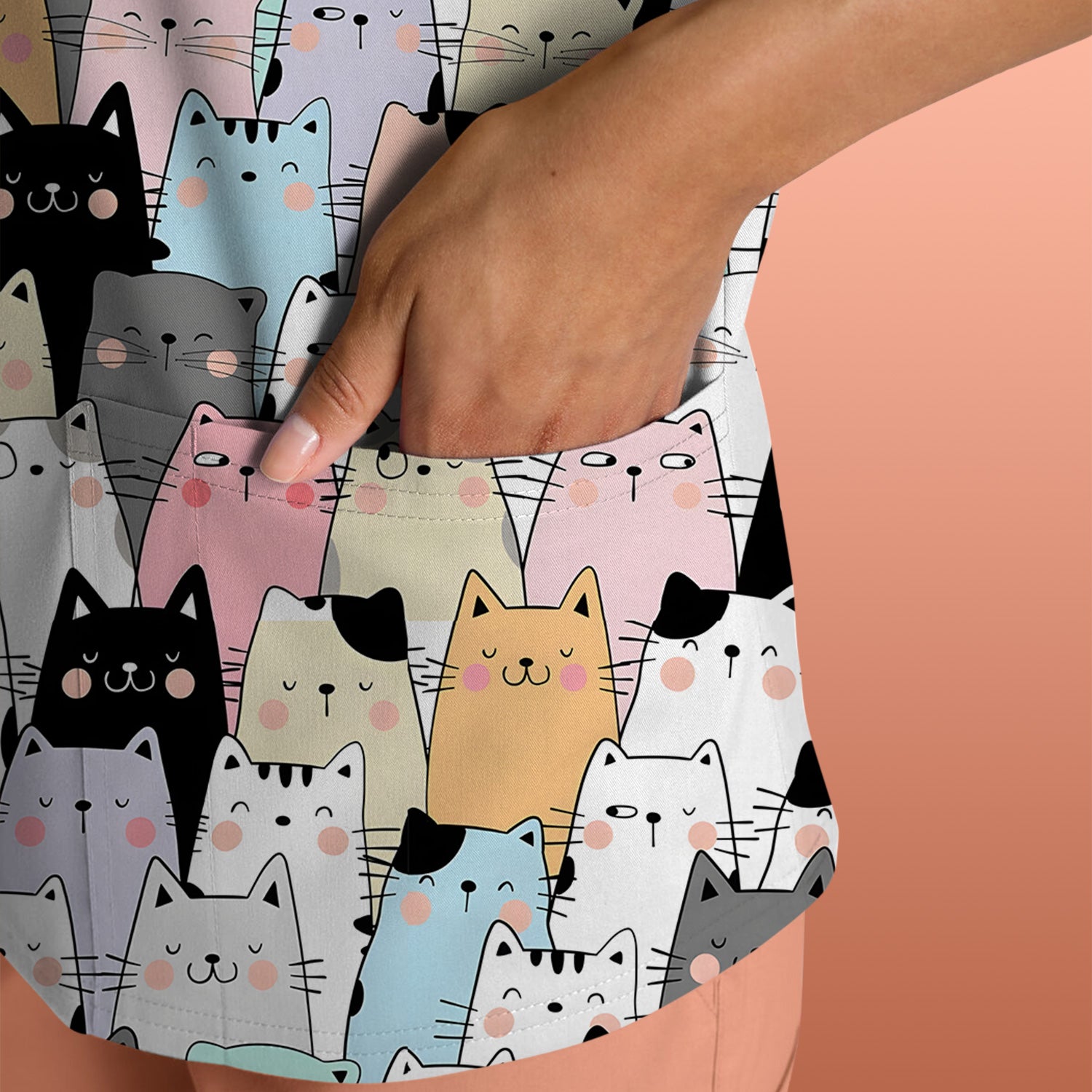 Playful Cartoon Cat Crowd Pattern Scrub Top, Comfortable Scrubs for Nurses