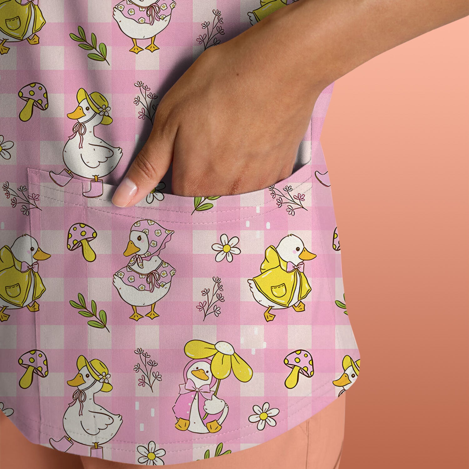 Spring Duckling Gingham Pattern Scrub Top, Comfortable Scrubs for Nurses