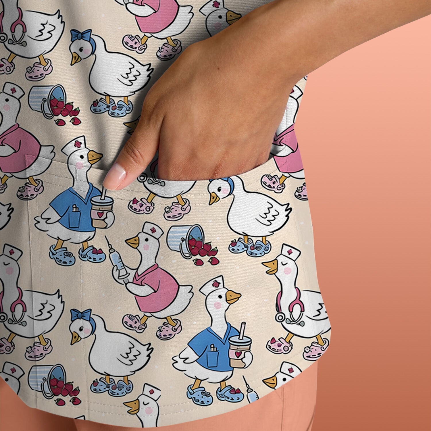 Cute Nurse Goose Cartoon Pattern Scrub Top, Comfortable Scrubs for Nurses