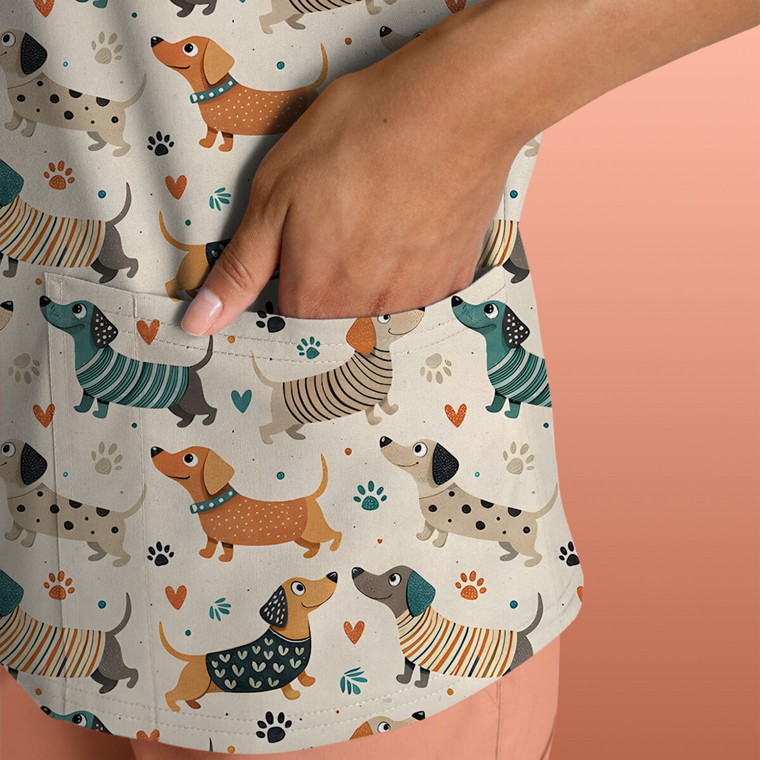 Fun Dachshund Dog Paw Heart Pattern Scrub Top, Comfortable Scrubs for Nurses