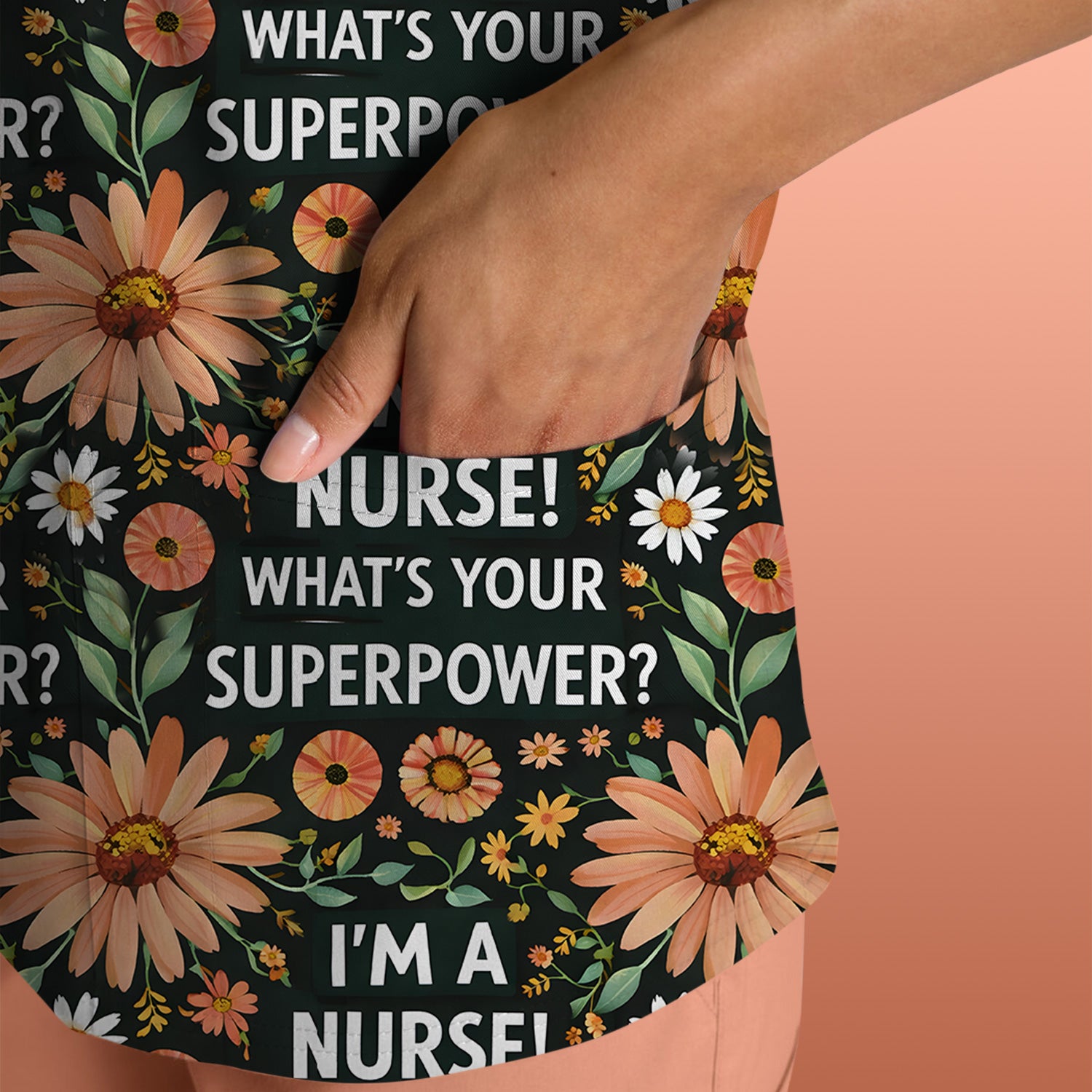 Funny Nurse Superpower Floral Pattern Scrub Top, Breathable Fabrics Nursing Uniform