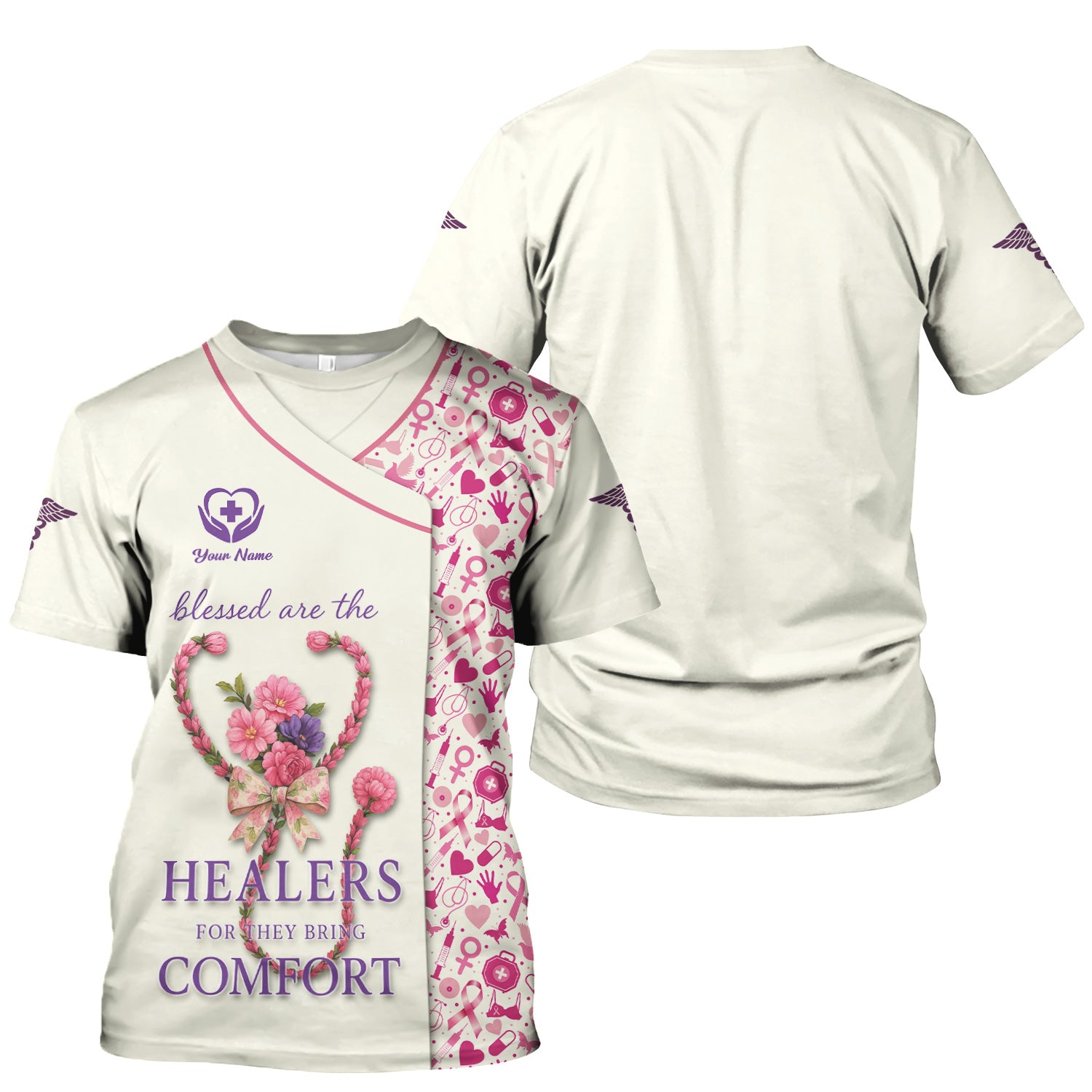 Custom Breast Cancer Awareness Nurse Shirt - Blessed Healers Comfort Quote - Gift for RN LPN CNA