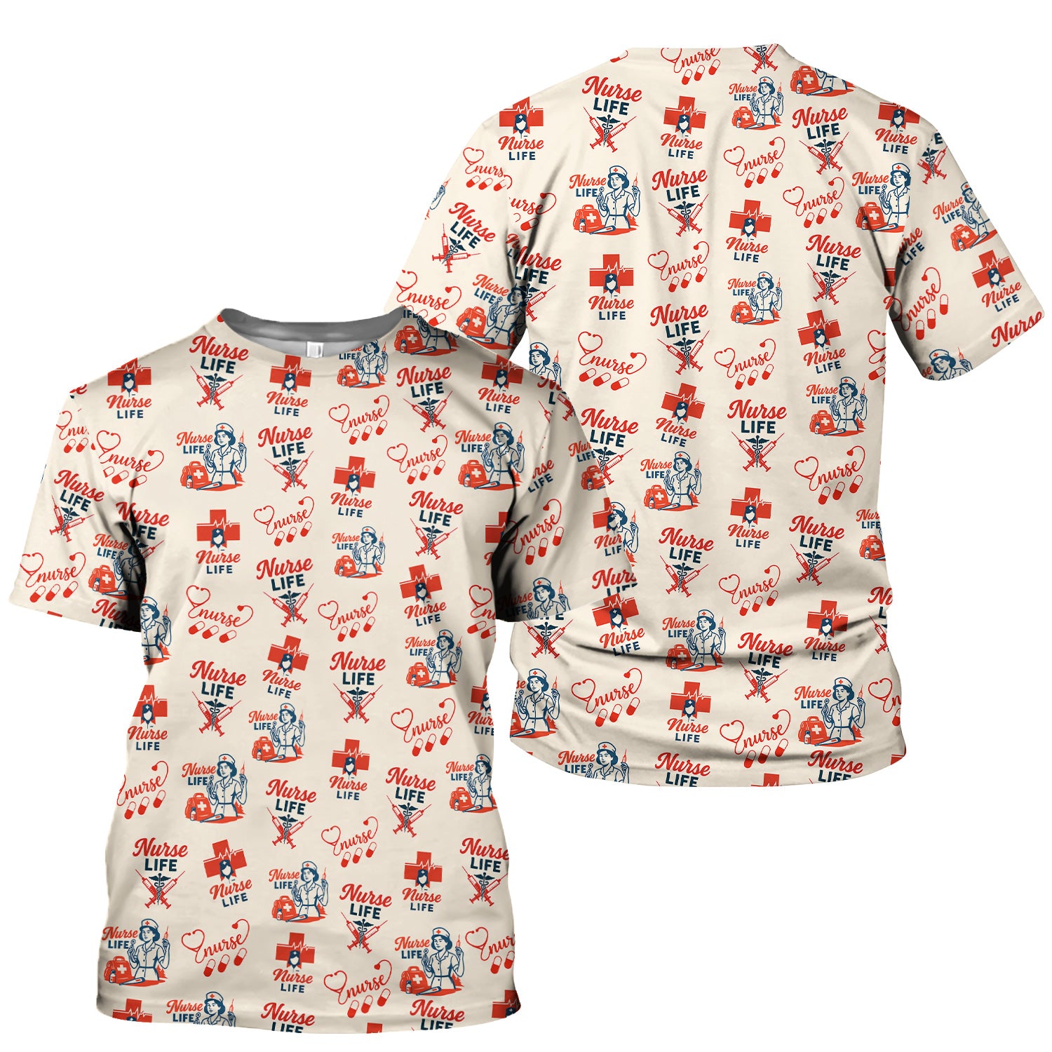 Vintage Nurse Life T-Shirt - All-Over Print Medical Icons Graphic Tee - Medical Gift for RN, LPN, CNA