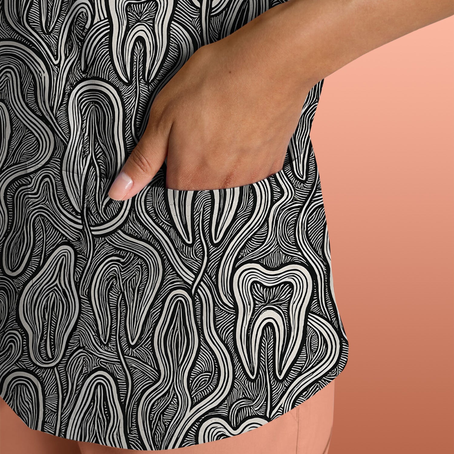 Dental Tooth Line Art Pattern Scrub Top, Breathable Fabrics Nursing Uniform