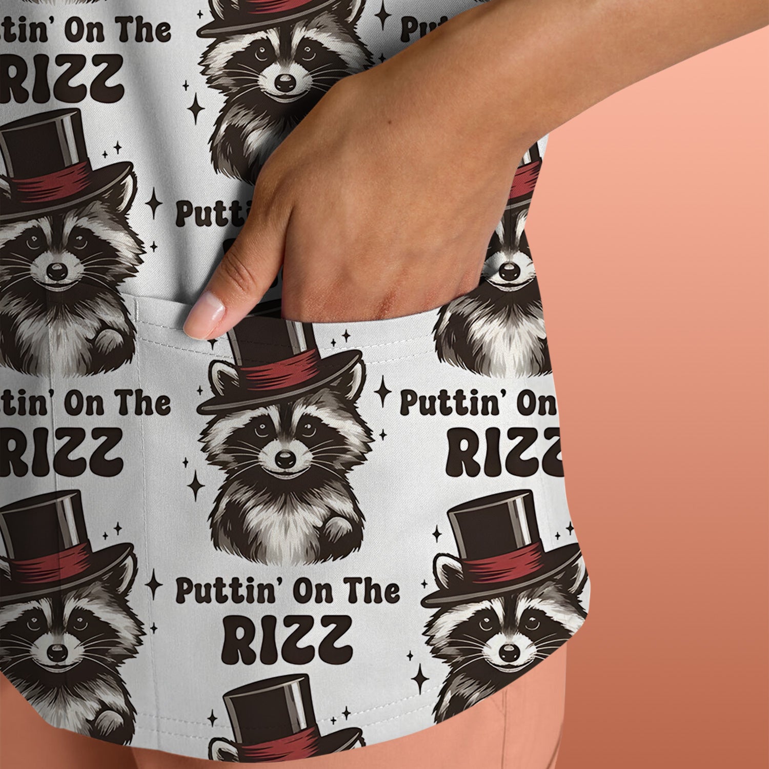 Raccoon Wearing Top Hat Puttin On The Rizz Scrub Top, Breathable Fabrics Nursing Uniform