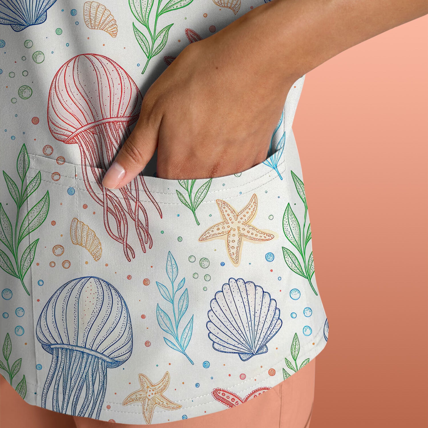 Ocean Jellyfish Starfish Seashell Pattern Scrubs Top, Comfortable Scrubs for Nurses