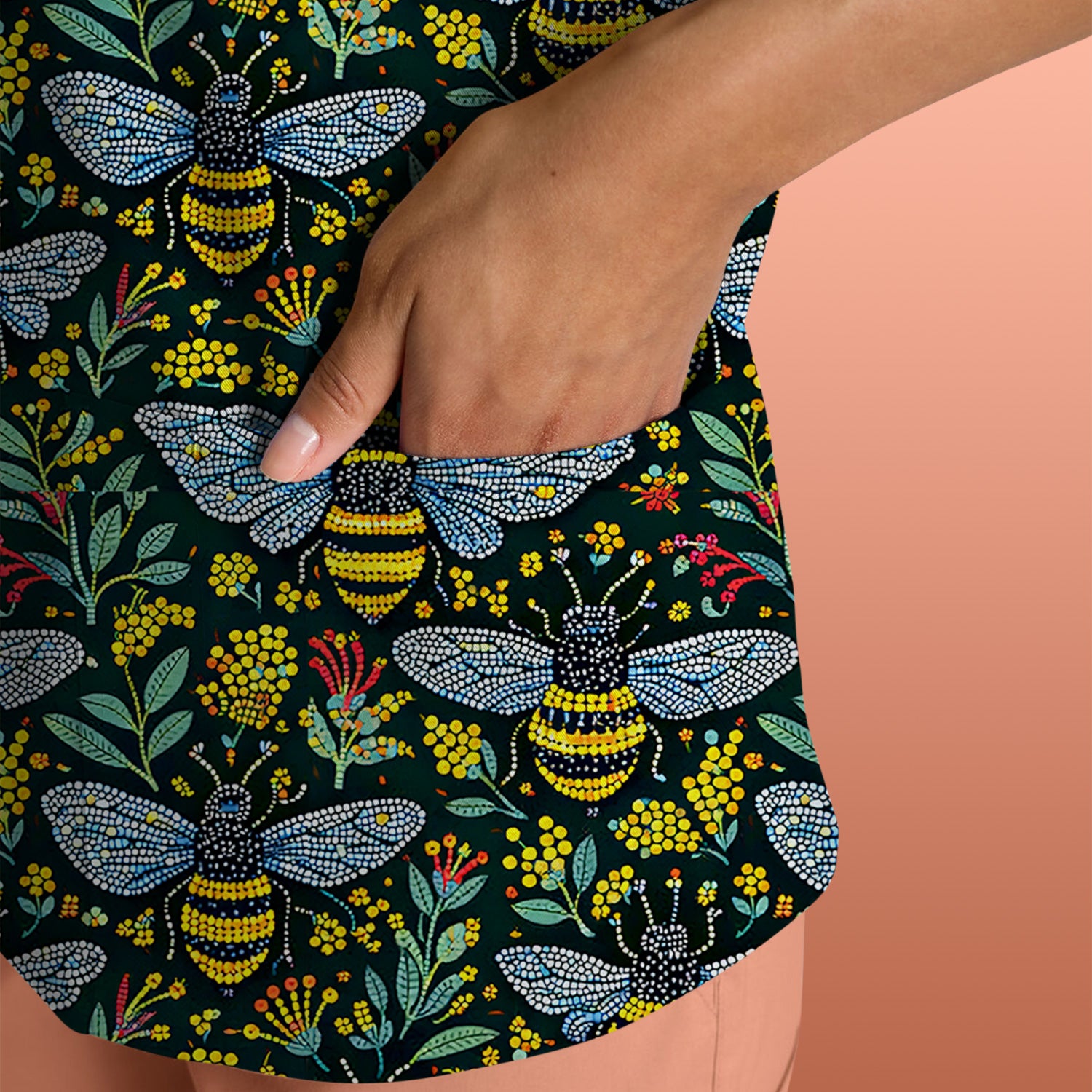 Honey Bee And Wildflower Garden Pattern Scrub Top, Comfortable Scrubs for Nurses