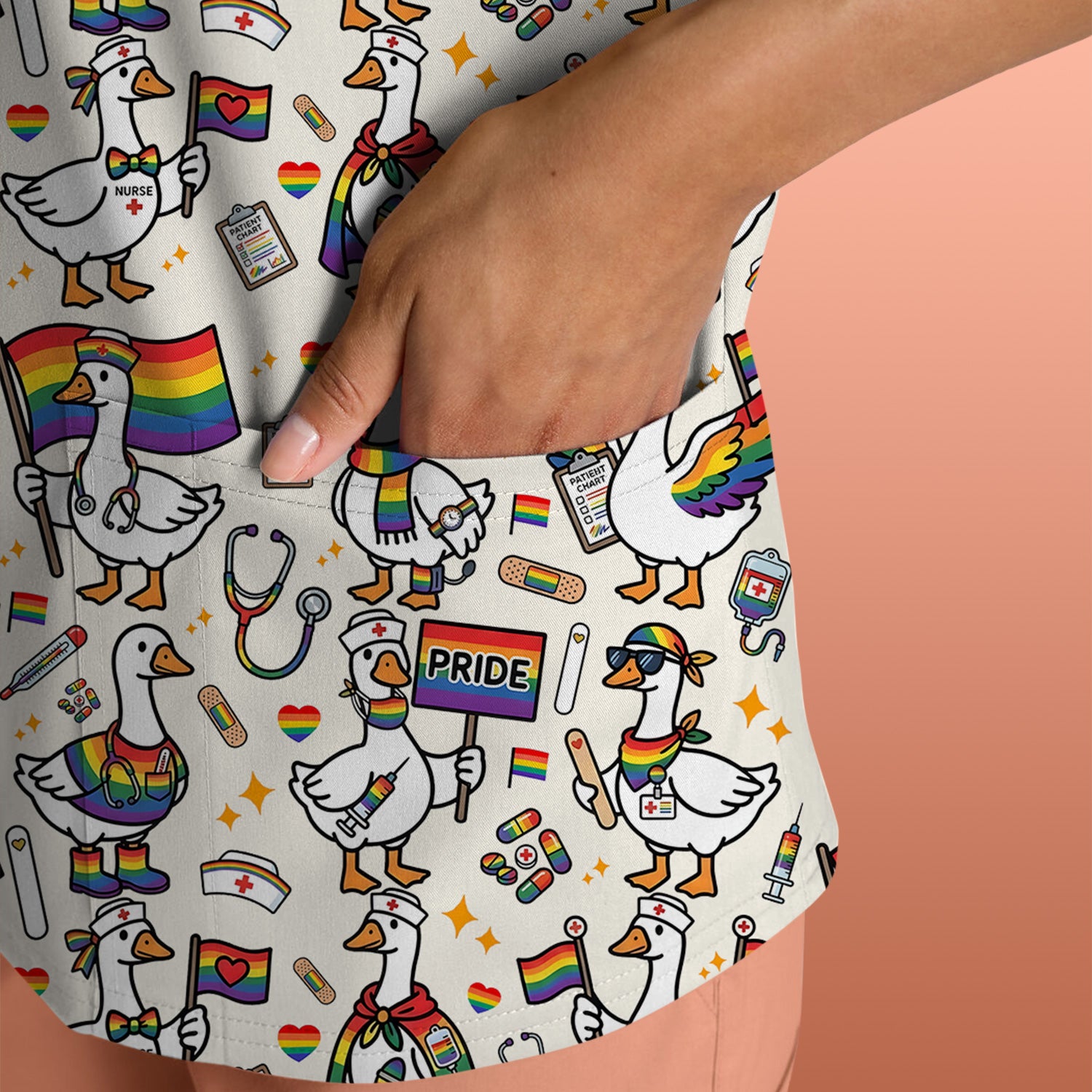 LGBT Pride Nurse Duck Pattern Scrub Top, Breathable Fabrics Nursing Uniform