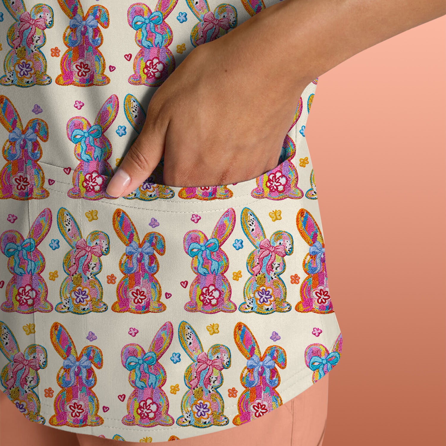 Cute Pastel Bunny Floral Pattern Scrub Top, Comfortable Scrubs for Nurses, Easter