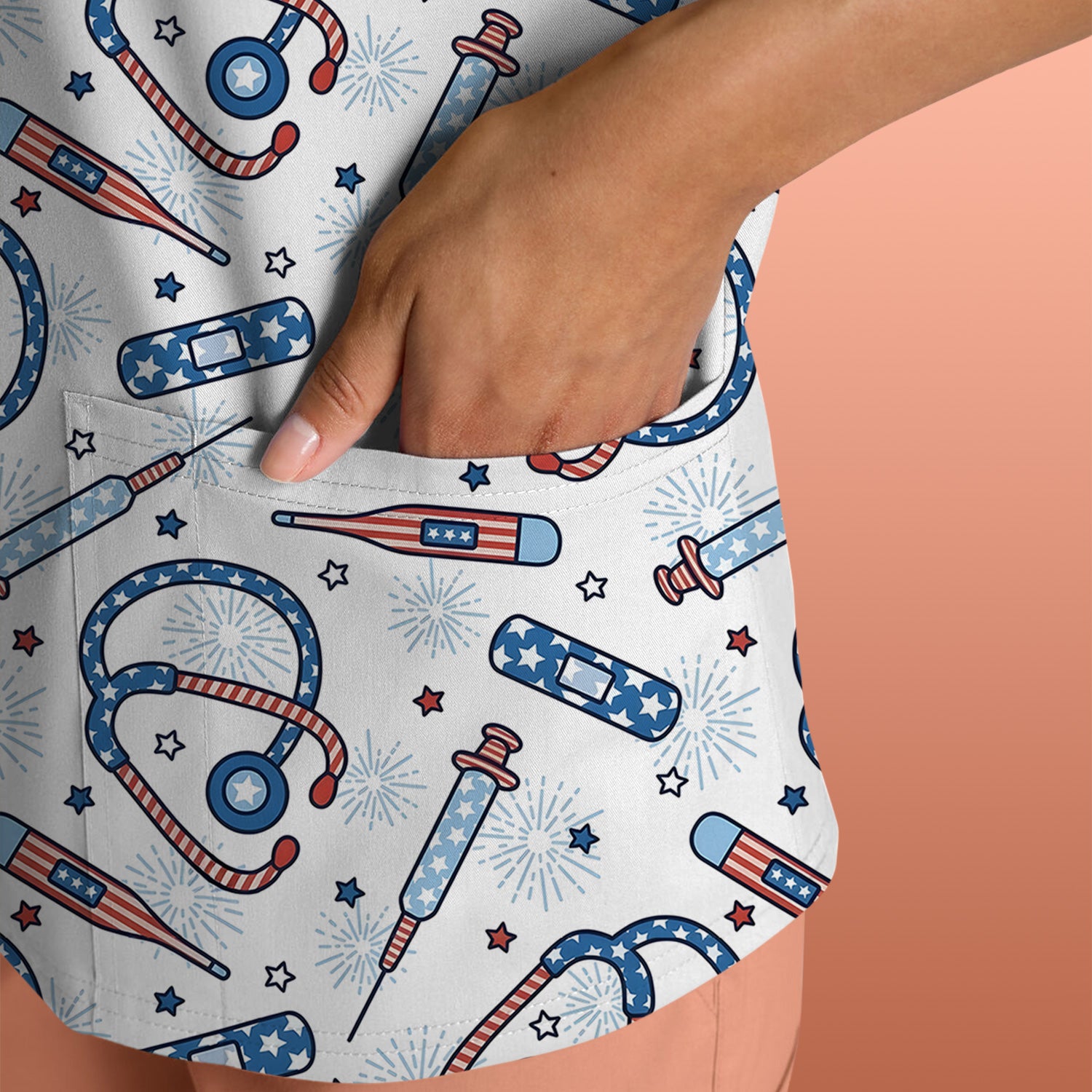 Funny Patriotic Stethoscope Bandage Nurse Pattern Scrub Top, Comfortable Scrubs for Nurses