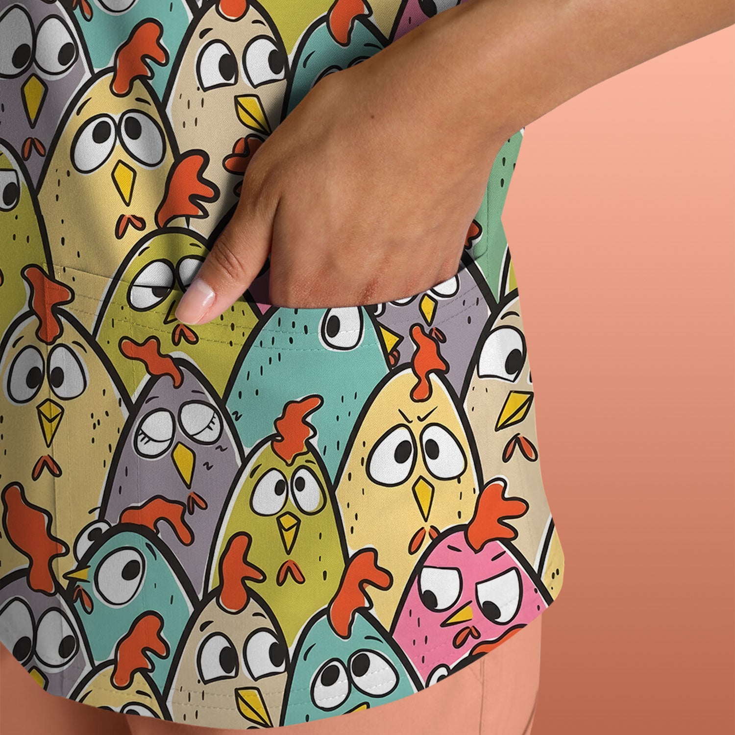 Funny Cartoon Chicken Crowd Pattern Scrub Top, Comfortable Scrubs for Nurses