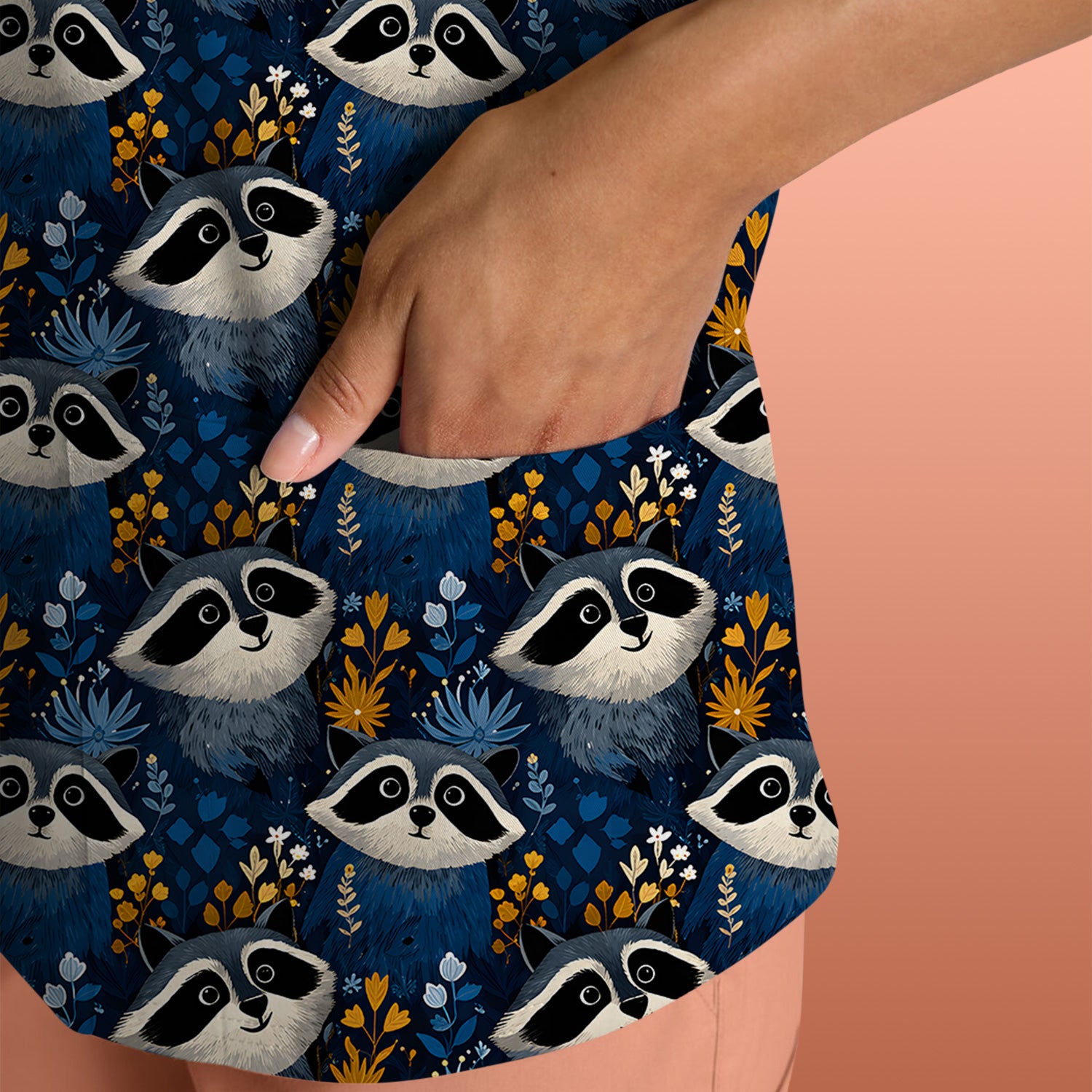 Raccoon With Blue Floral Forest Pattern Scrub Top, Breathable Fabrics Nursing Uniform
