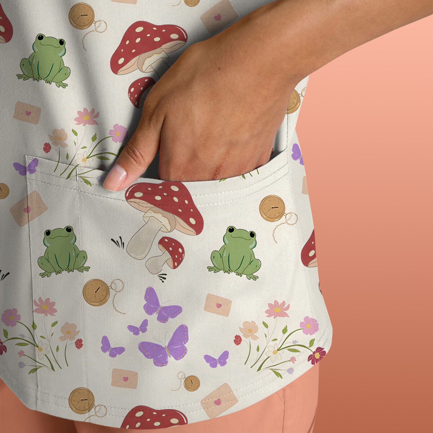 Adorable Nurse Frog and Mushroom Garden Print Scrub Top, Comfortable Scrubs for Nurses