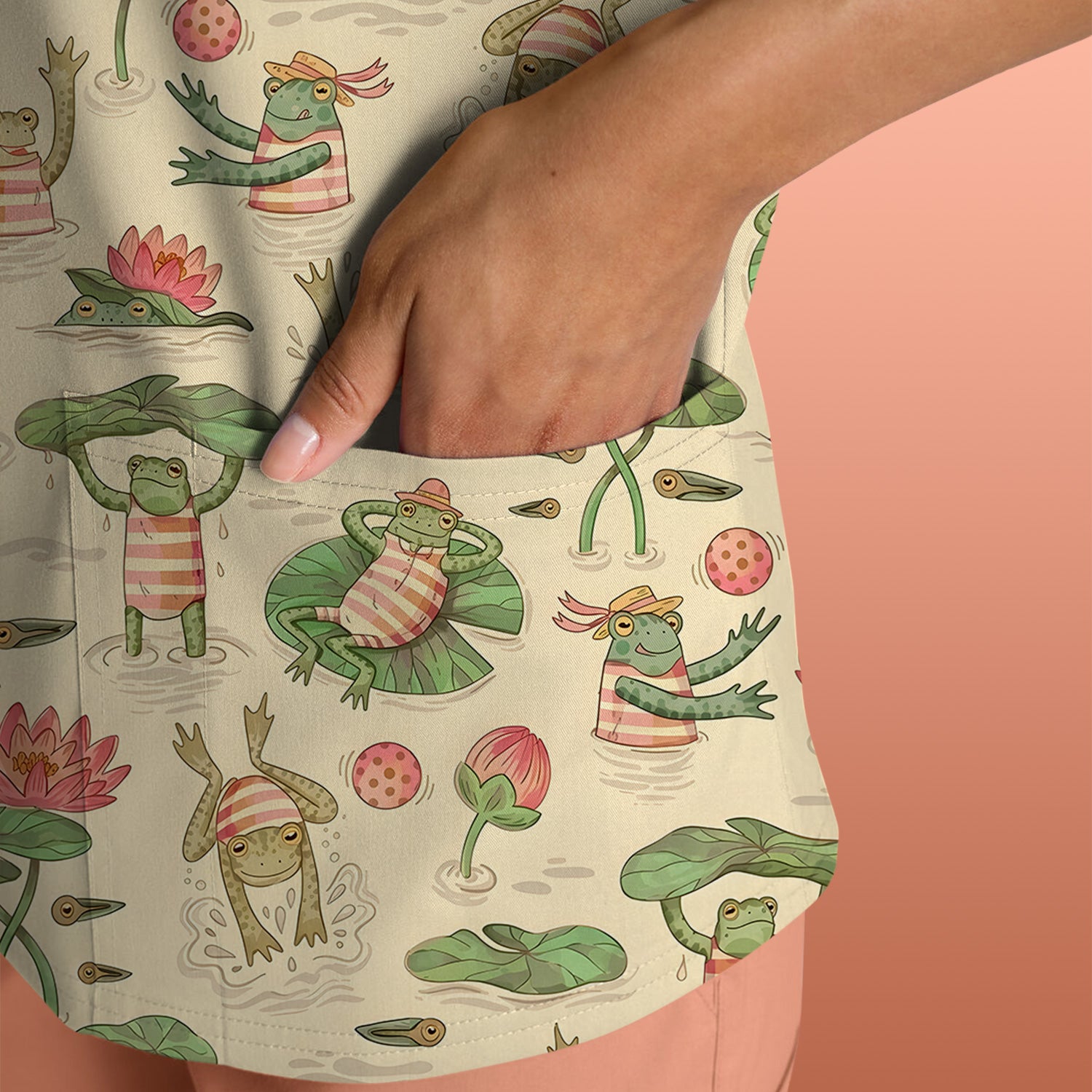 Cute Frogs Swimming Lily Pond Pattern Scrub Top, Comfortable Scrubs for Nurses